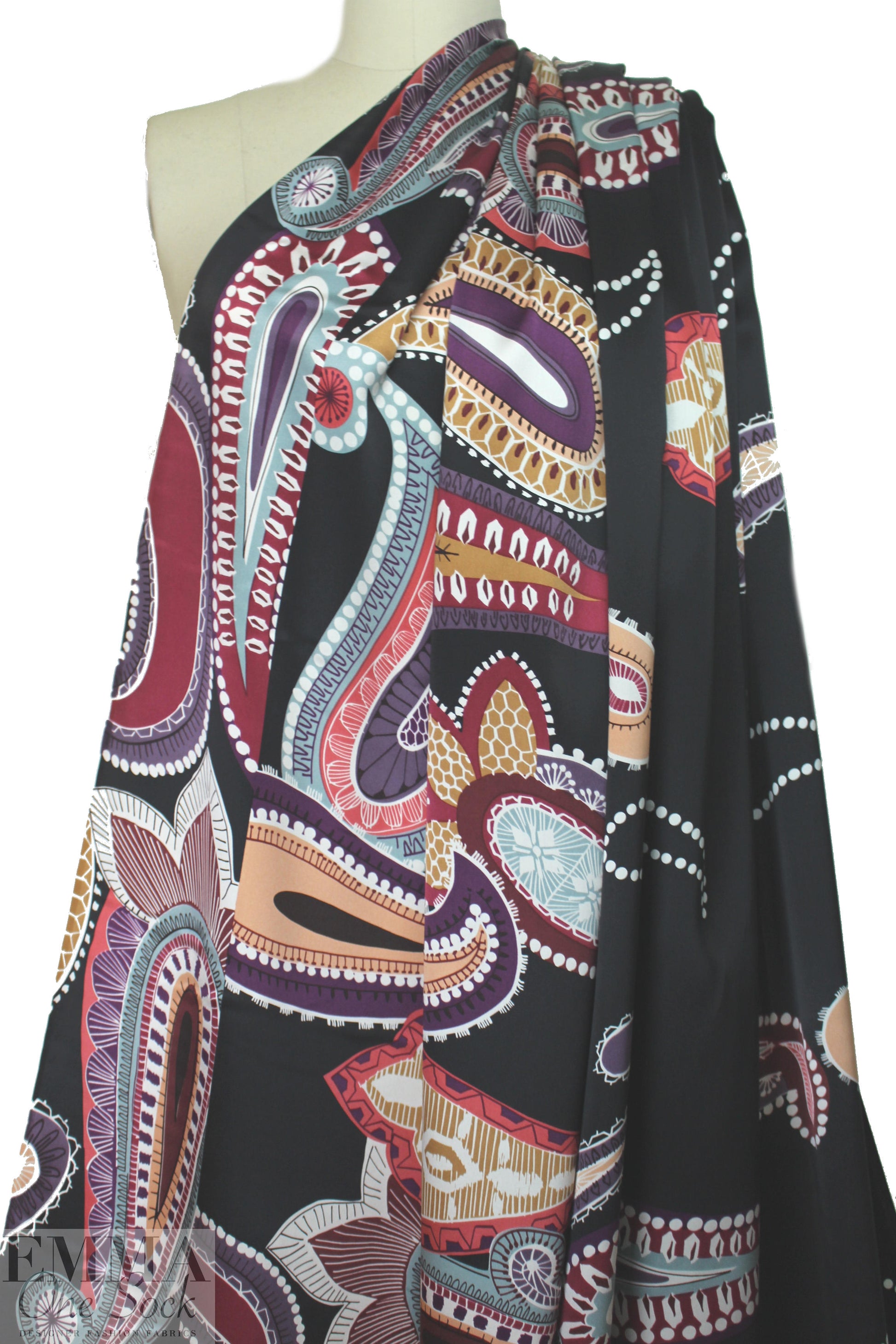 Italian decorative paisley border silk charmeuse