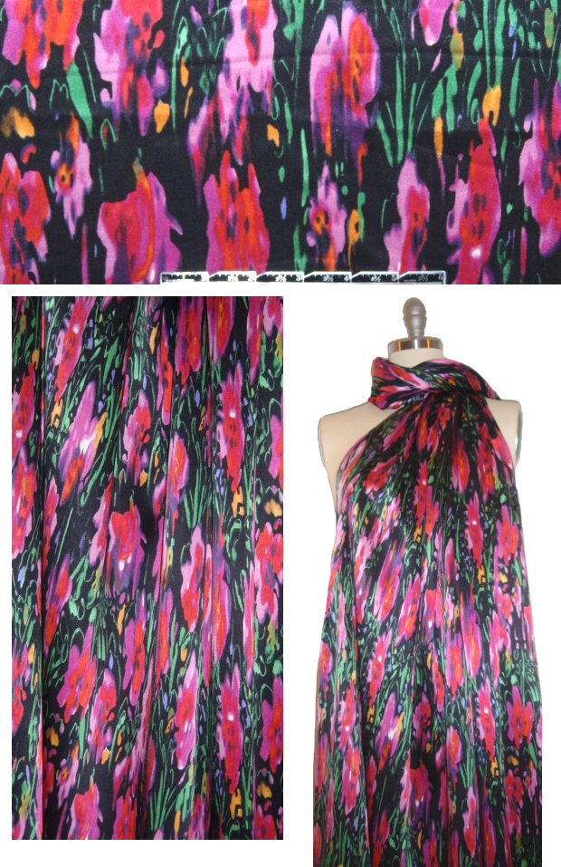 NY designer painterly flowers silk charmeuse - pink/black 1.5 yd
