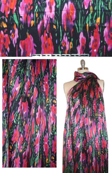 NY designer painterly flowers silk charmeuse - pink/black 1.5 yd