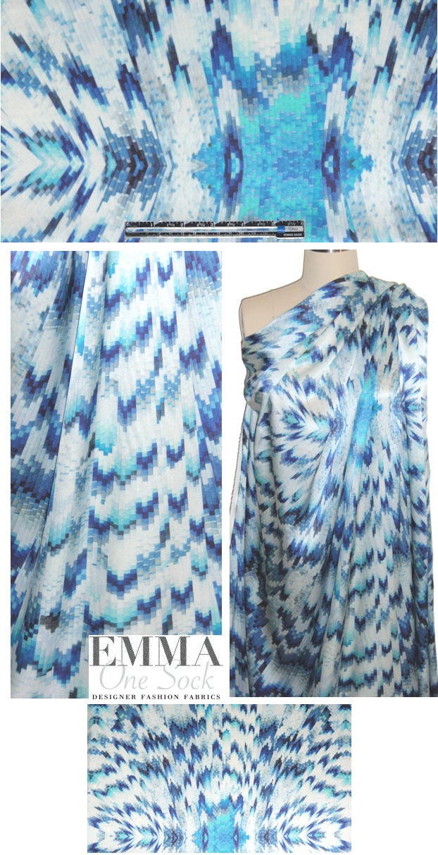 NY designer tuquoise mosaic stretch silk charmeuse 1 yard