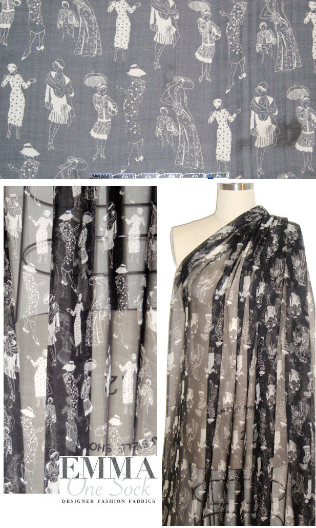 'deco ladies' silk chiffon - ivory on black