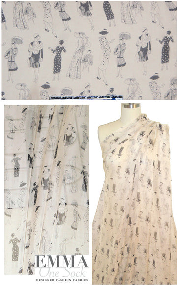 'deco ladies' silk chiffon - black on ivory 1.75 yd