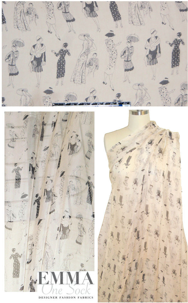 'deco ladies' silk chiffon - black on ivory 1.33 yds