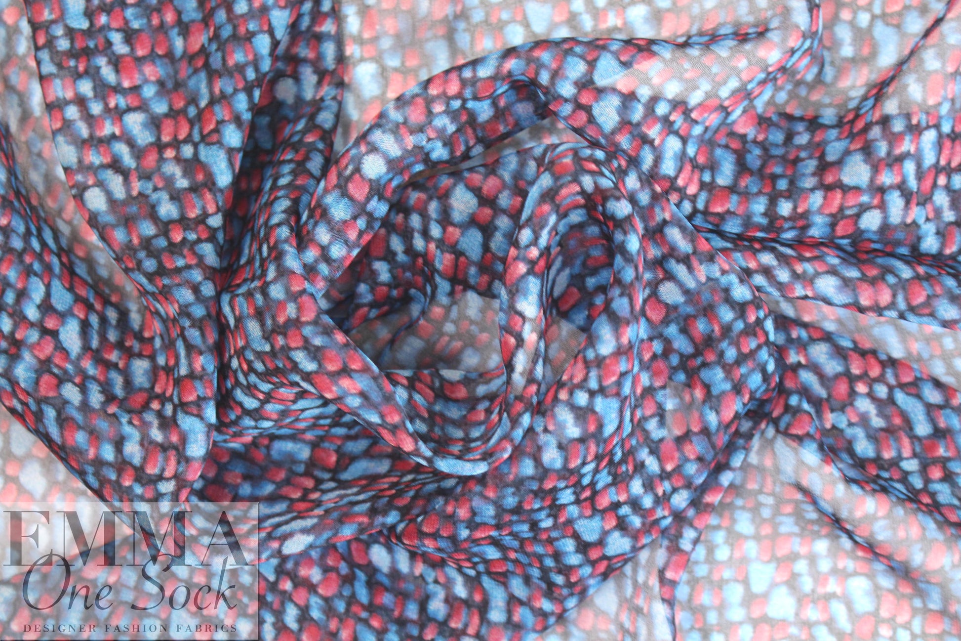 NY designer red/blue pebble print silk chiffon