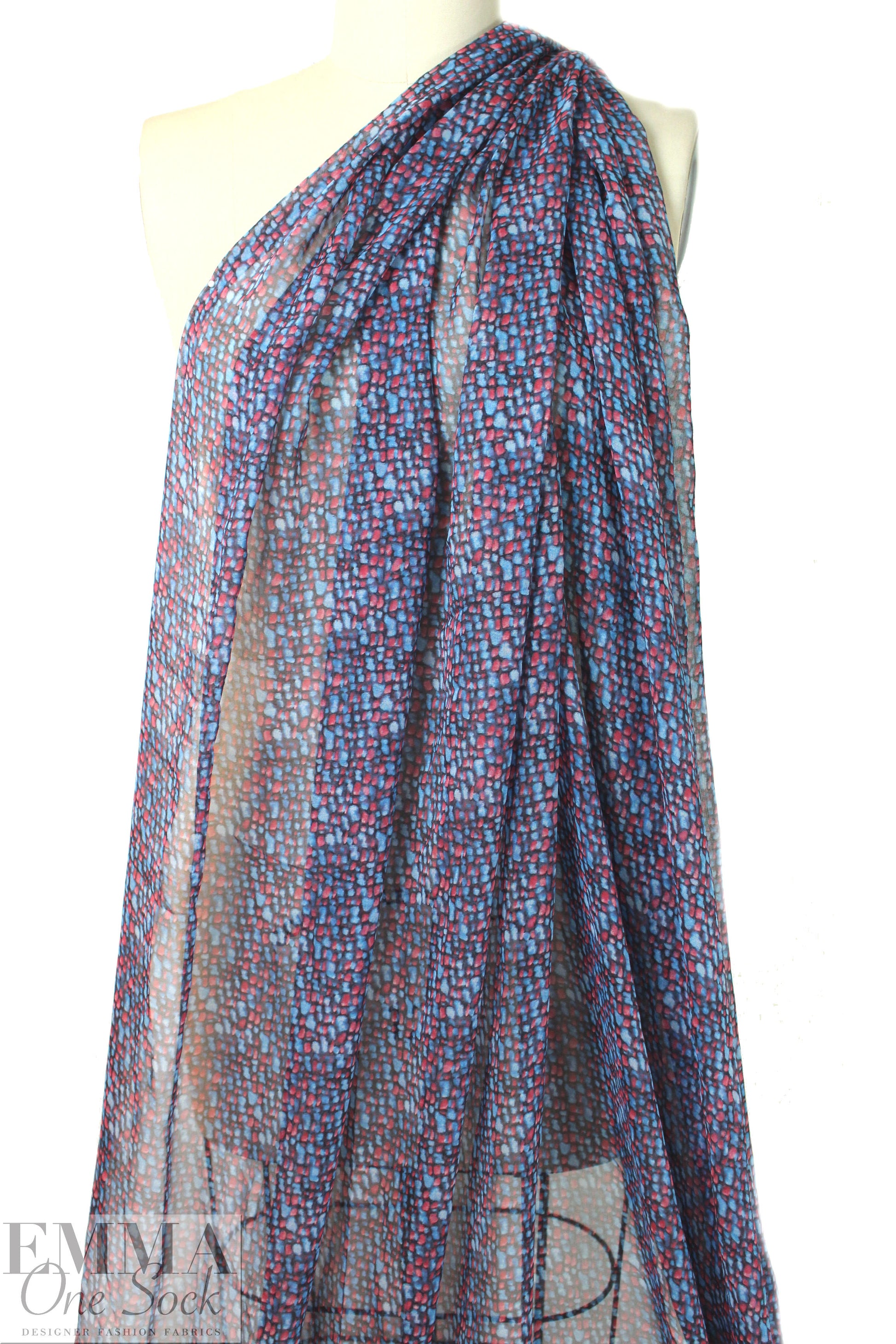 NY designer red/blue pebble print silk chiffon