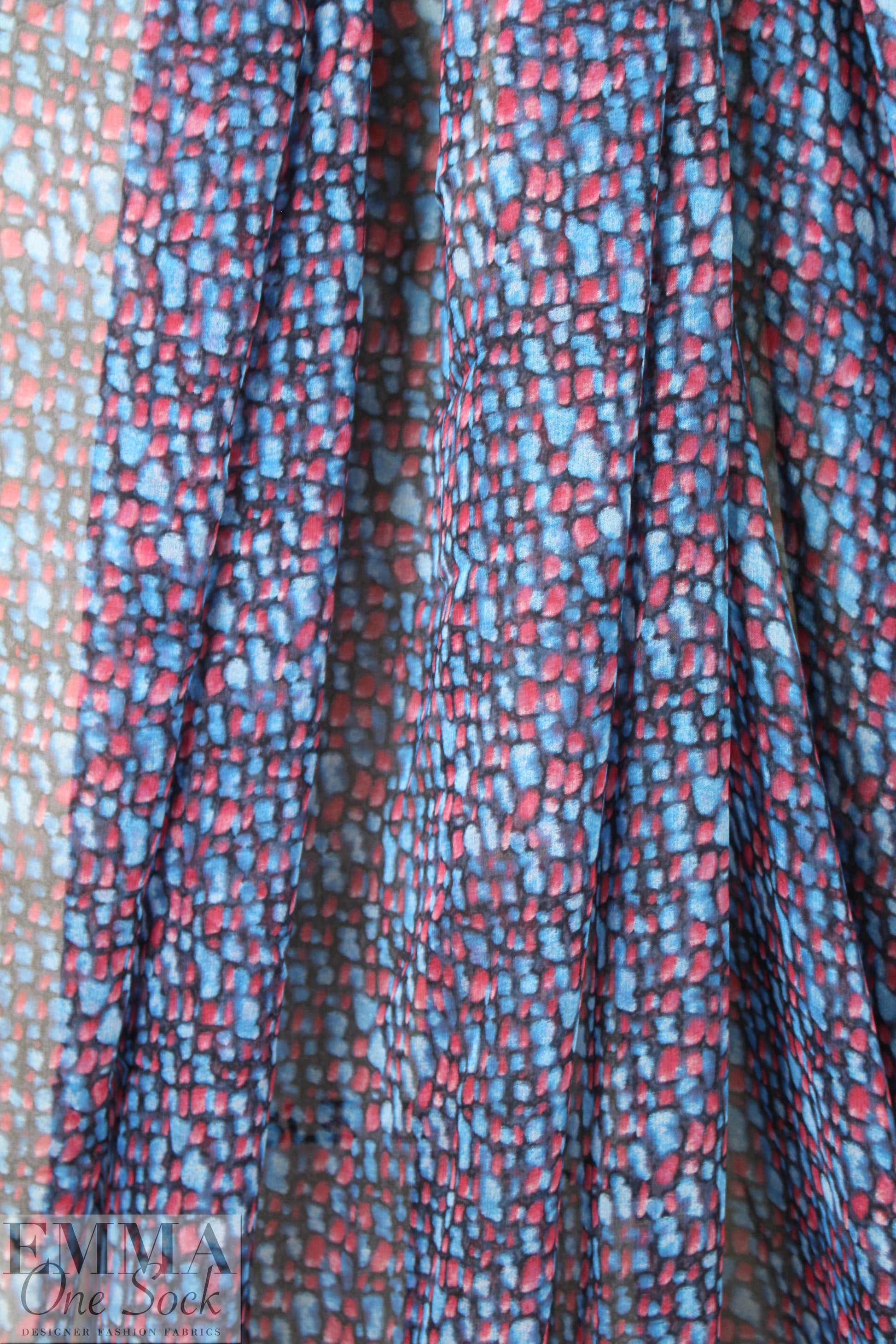 NY designer red/blue pebble print silk chiffon