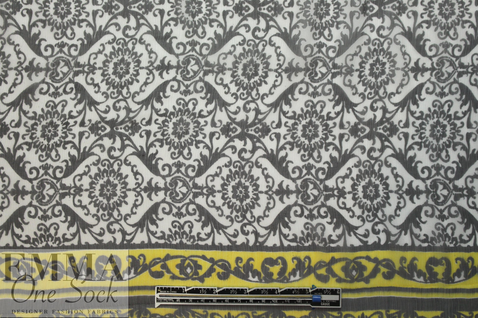 NY designer scrollwork border panel crinkle silk chiffon .75 yds