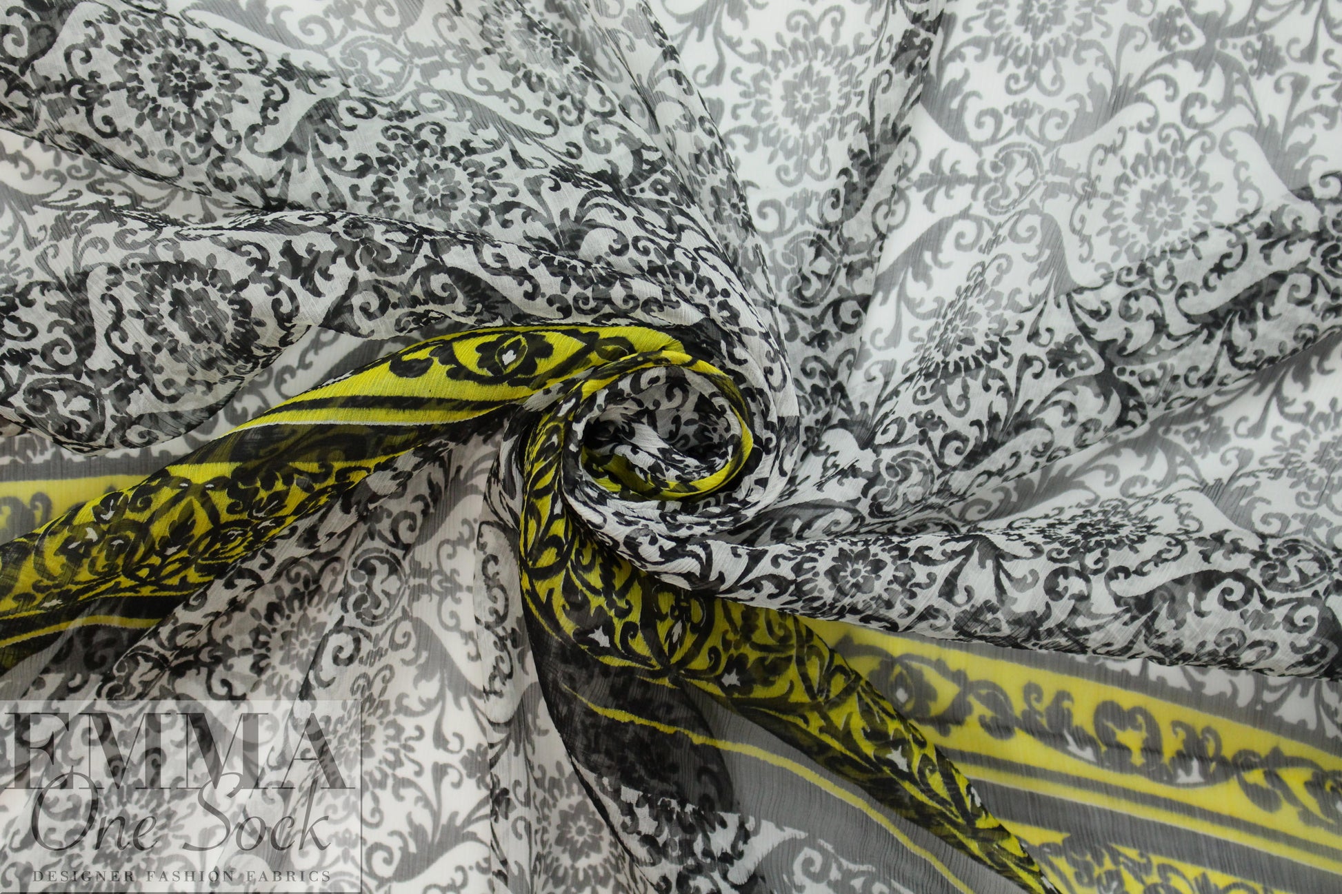 NY designer scrollwork border panel crinkle silk chiffon .75 yds