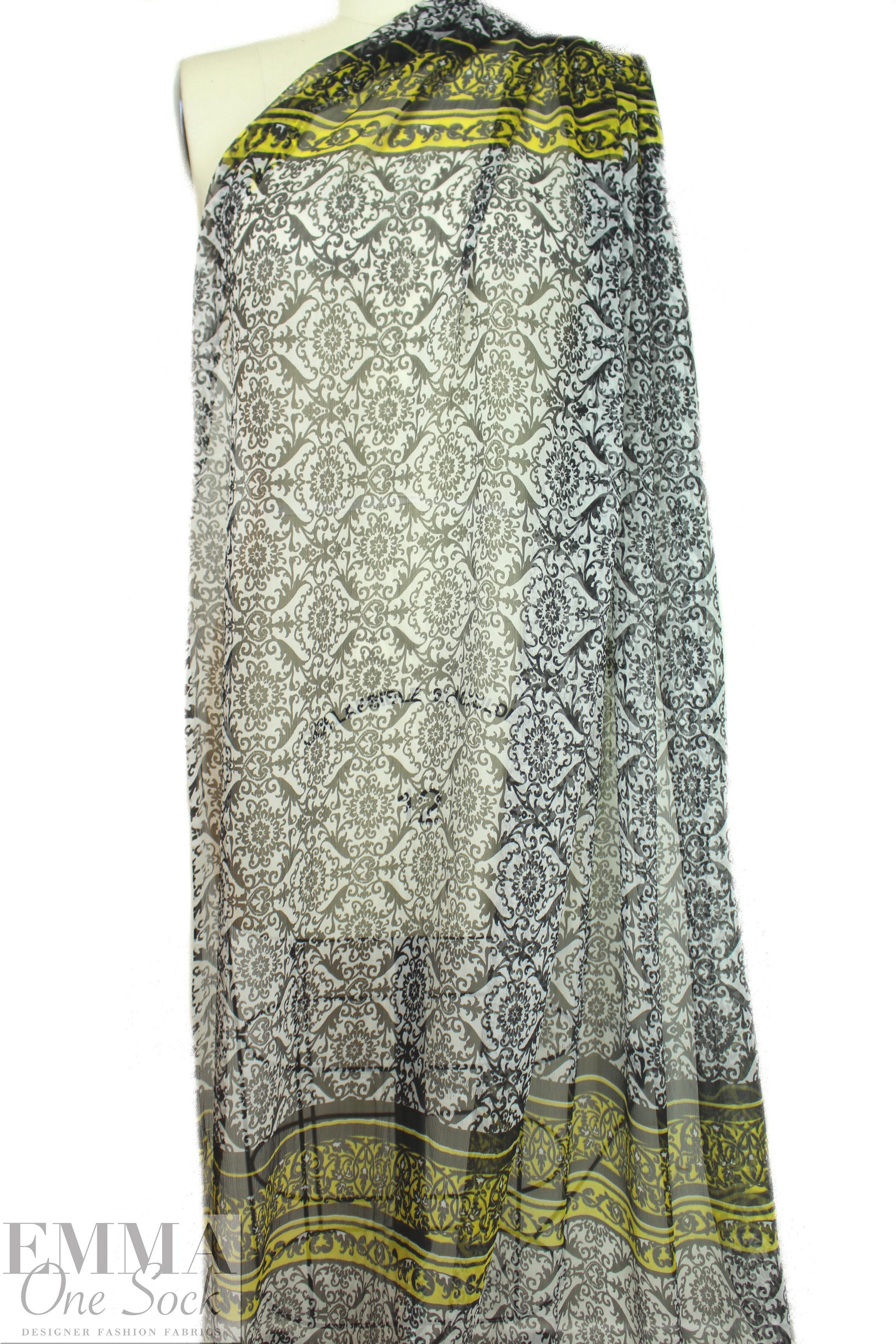 NY designer scrollwork border panel crinkle silk chiffon