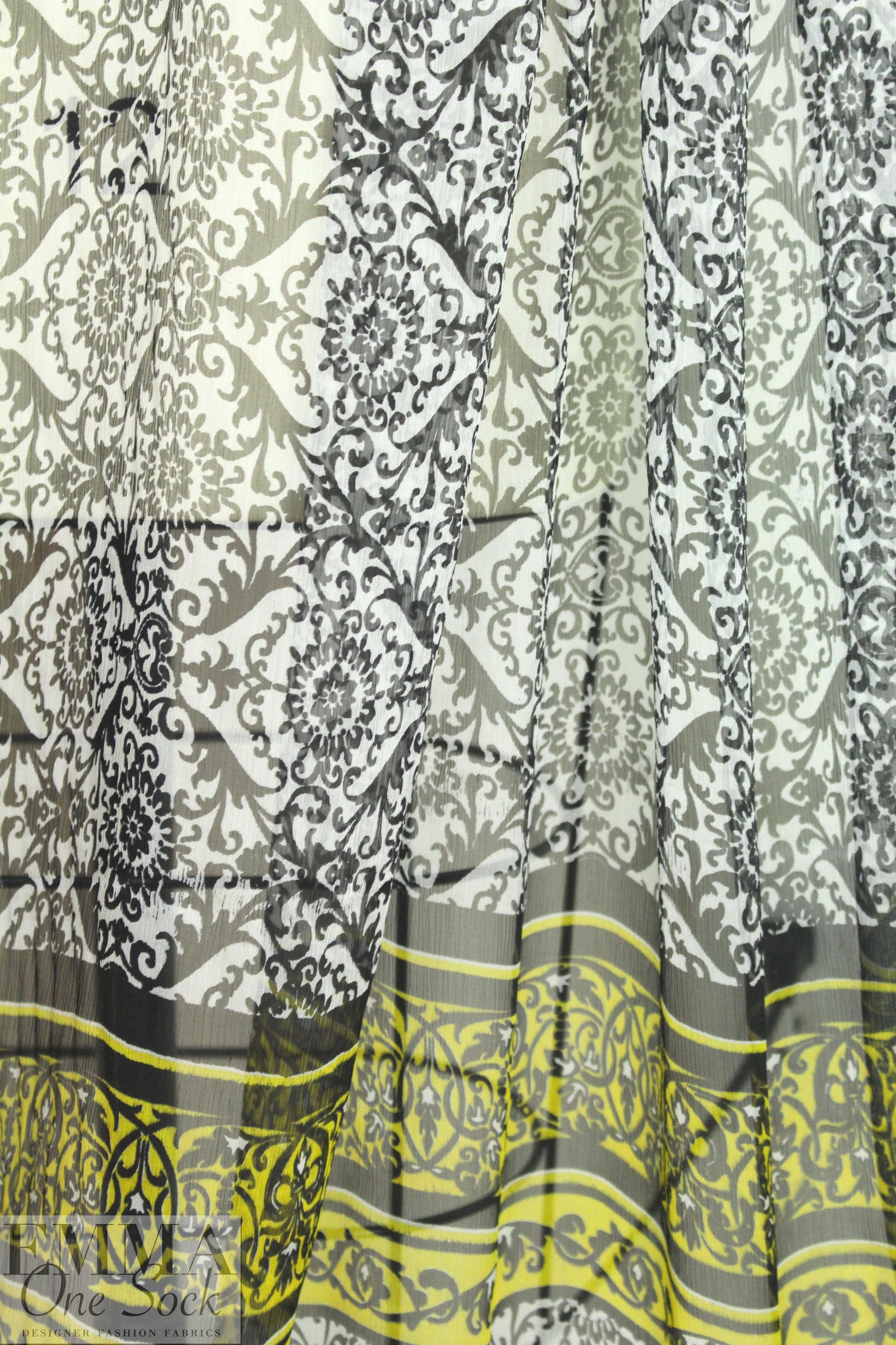 NY designer scrollwork border panel crinkle silk chiffon