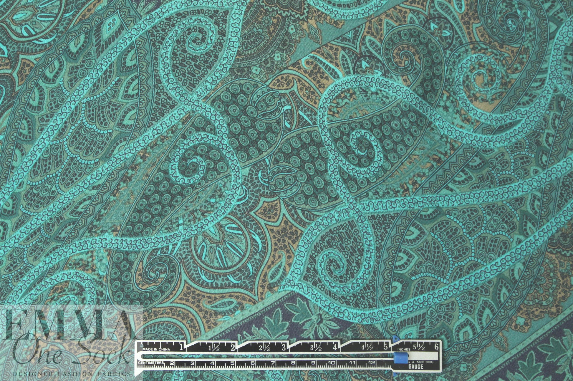 NY designer teal/cocoa paisley silk georgette