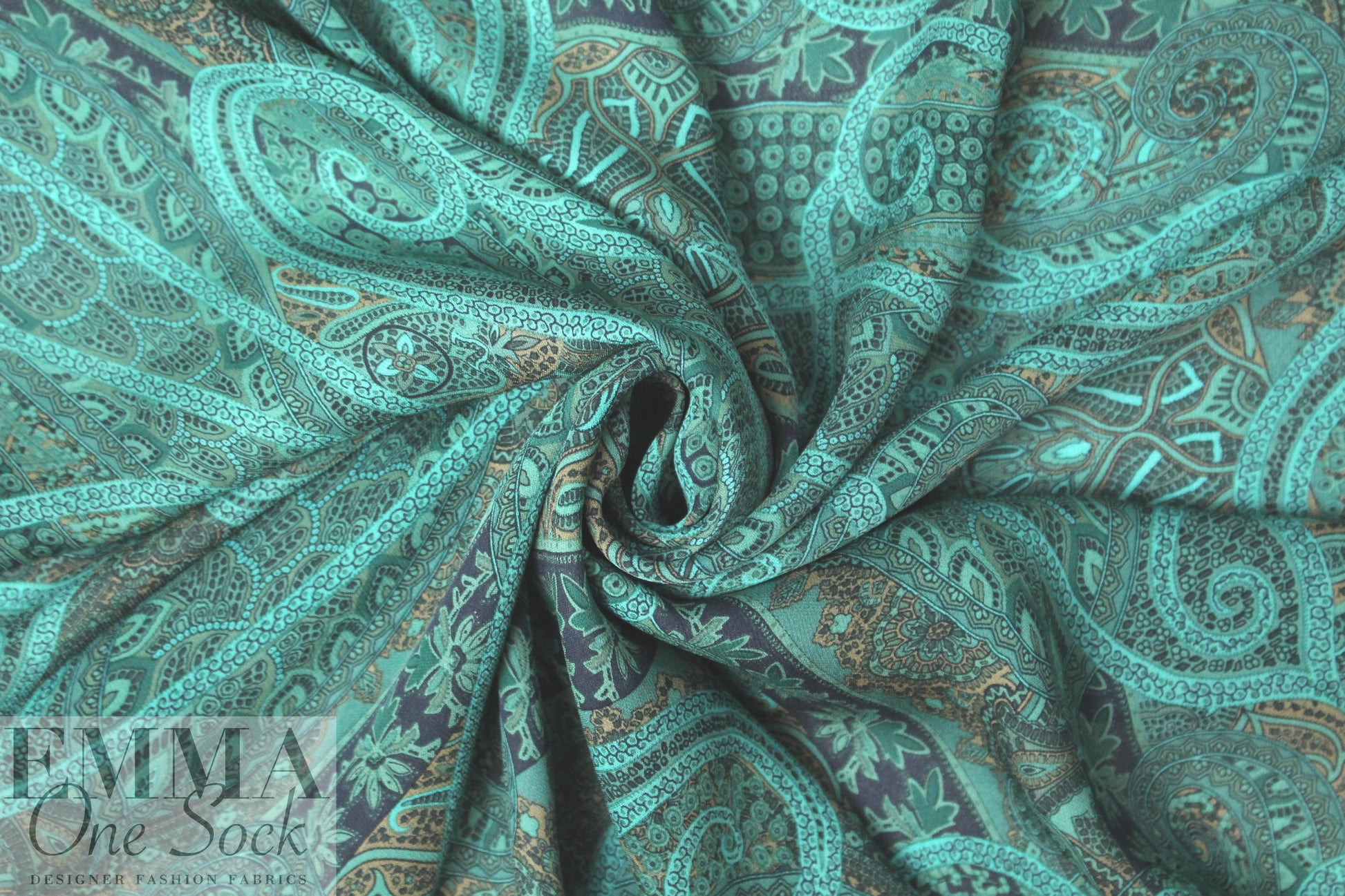 NY designer teal/cocoa paisley silk georgette