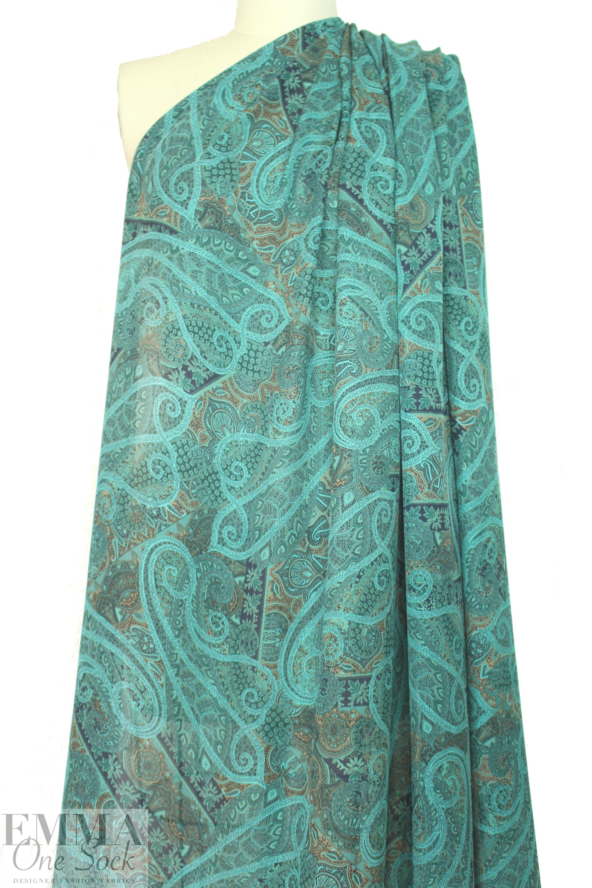NY designer teal/cocoa paisley silk georgette