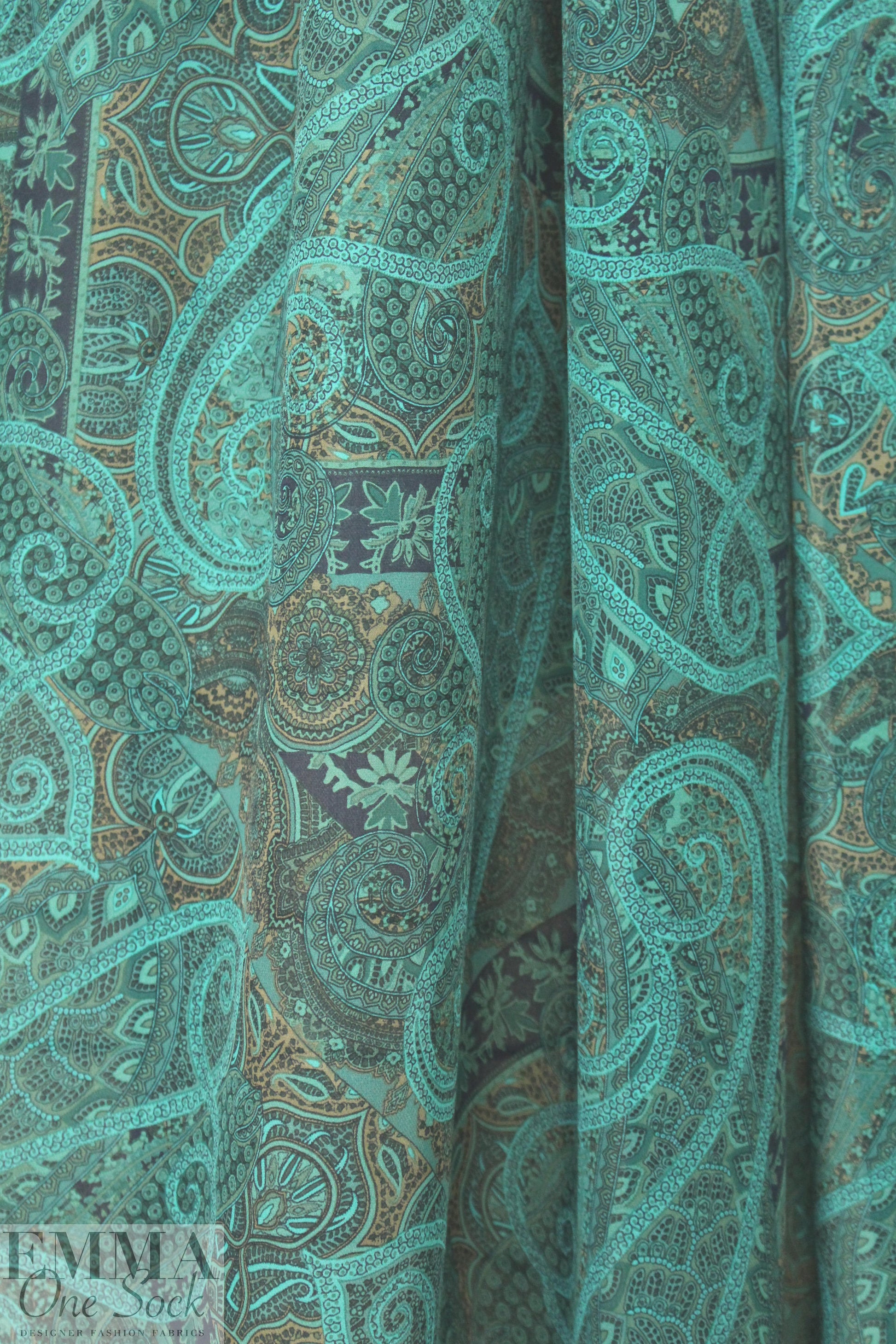 NY designer teal/cocoa paisley silk georgette