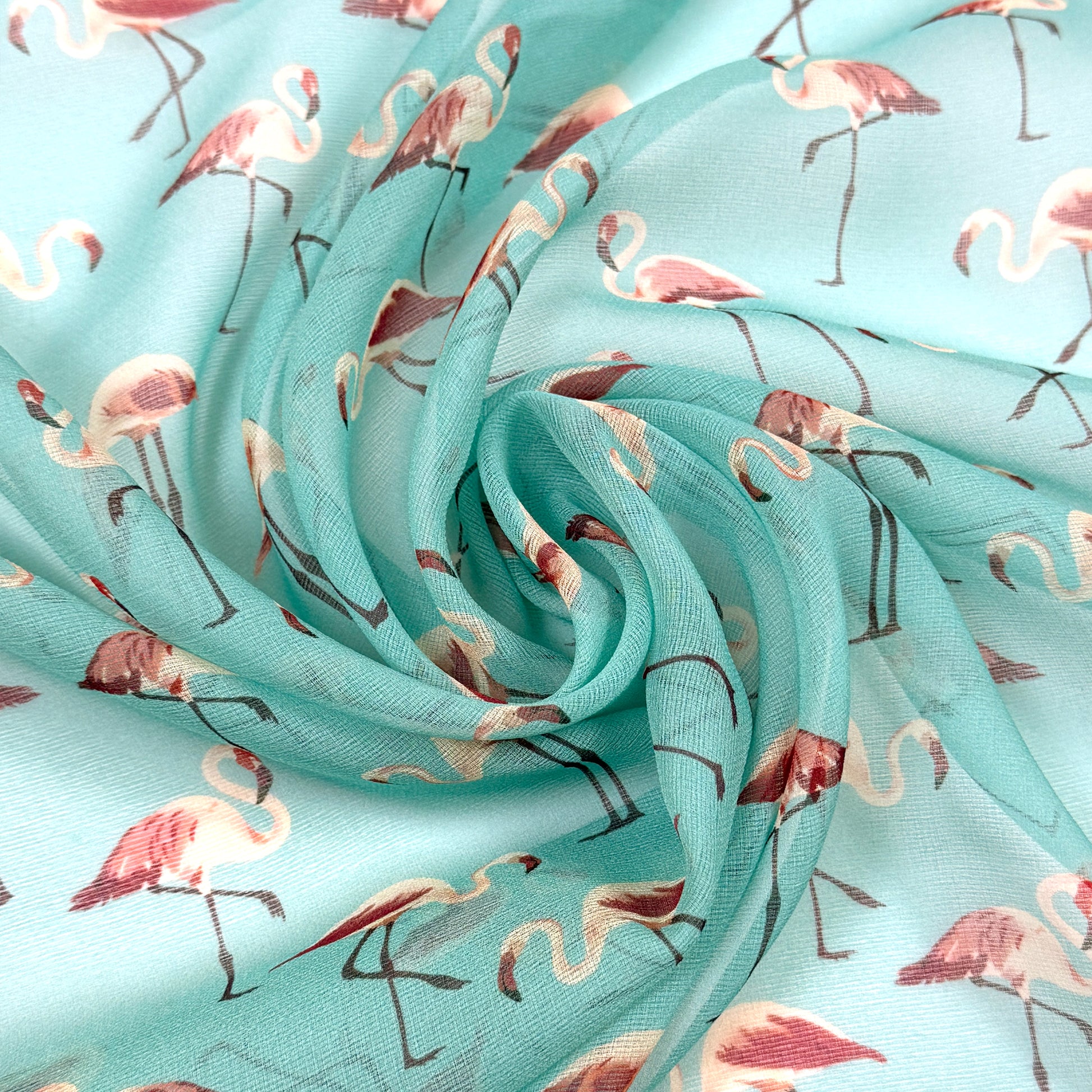 French deadstock 'flamingos on aqua' silk georgette