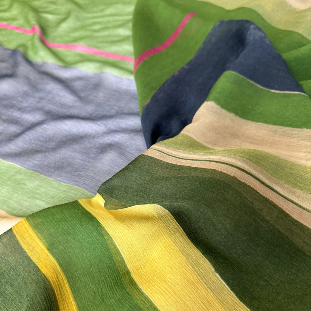 French printed stripe crinkle chiffon - green/limoncello 1.625 yds
