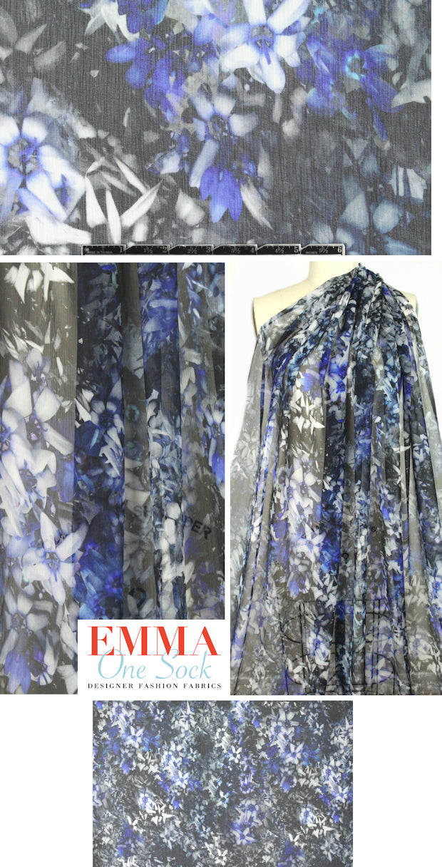 Tah@ri blue floral nocturne stretch silk chiffon