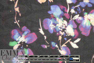NY designer blossoms on black printed silk chiffon 2 yd