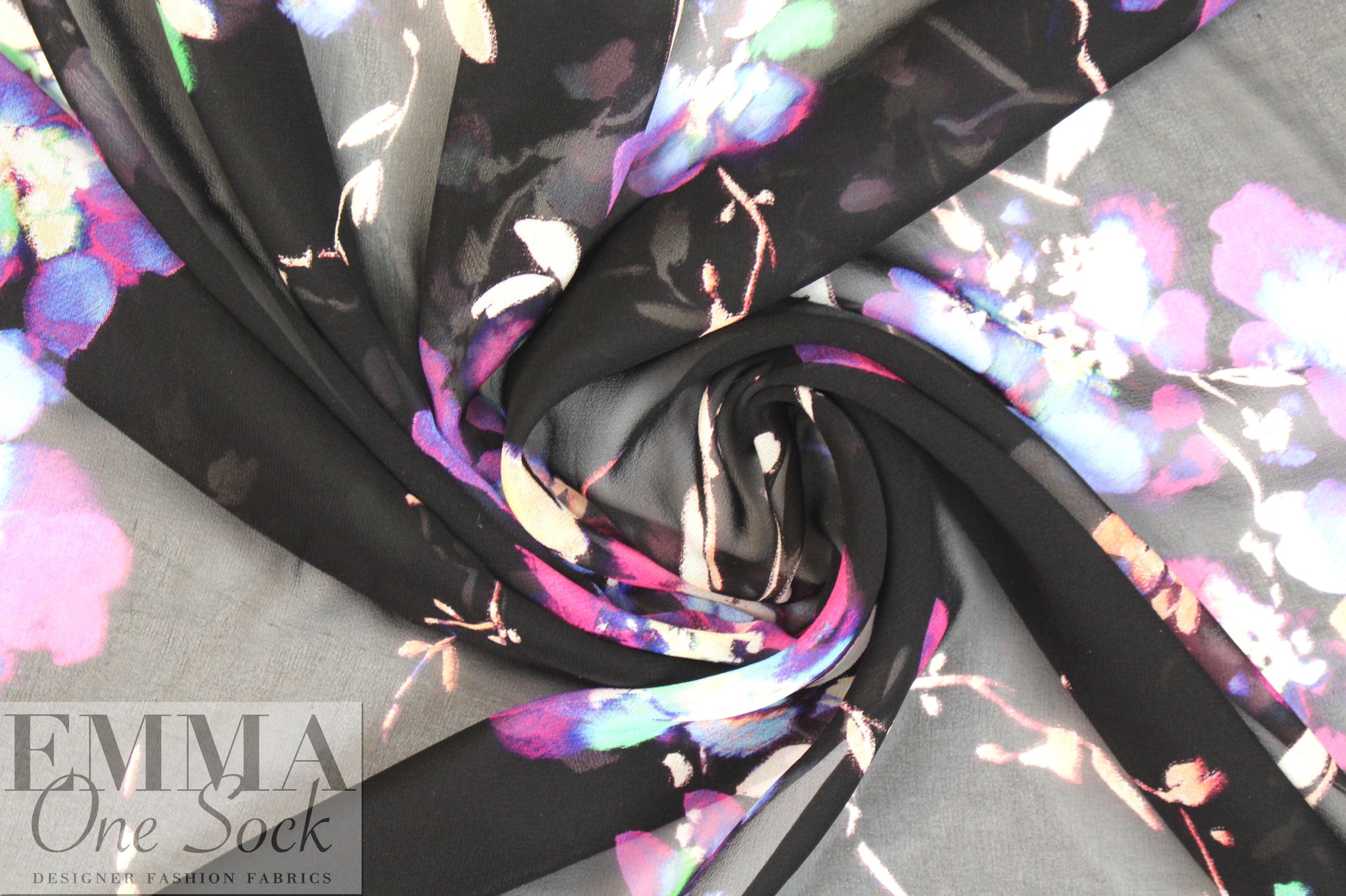 NY designer blossoms on black printed silk chiffon 1 yard