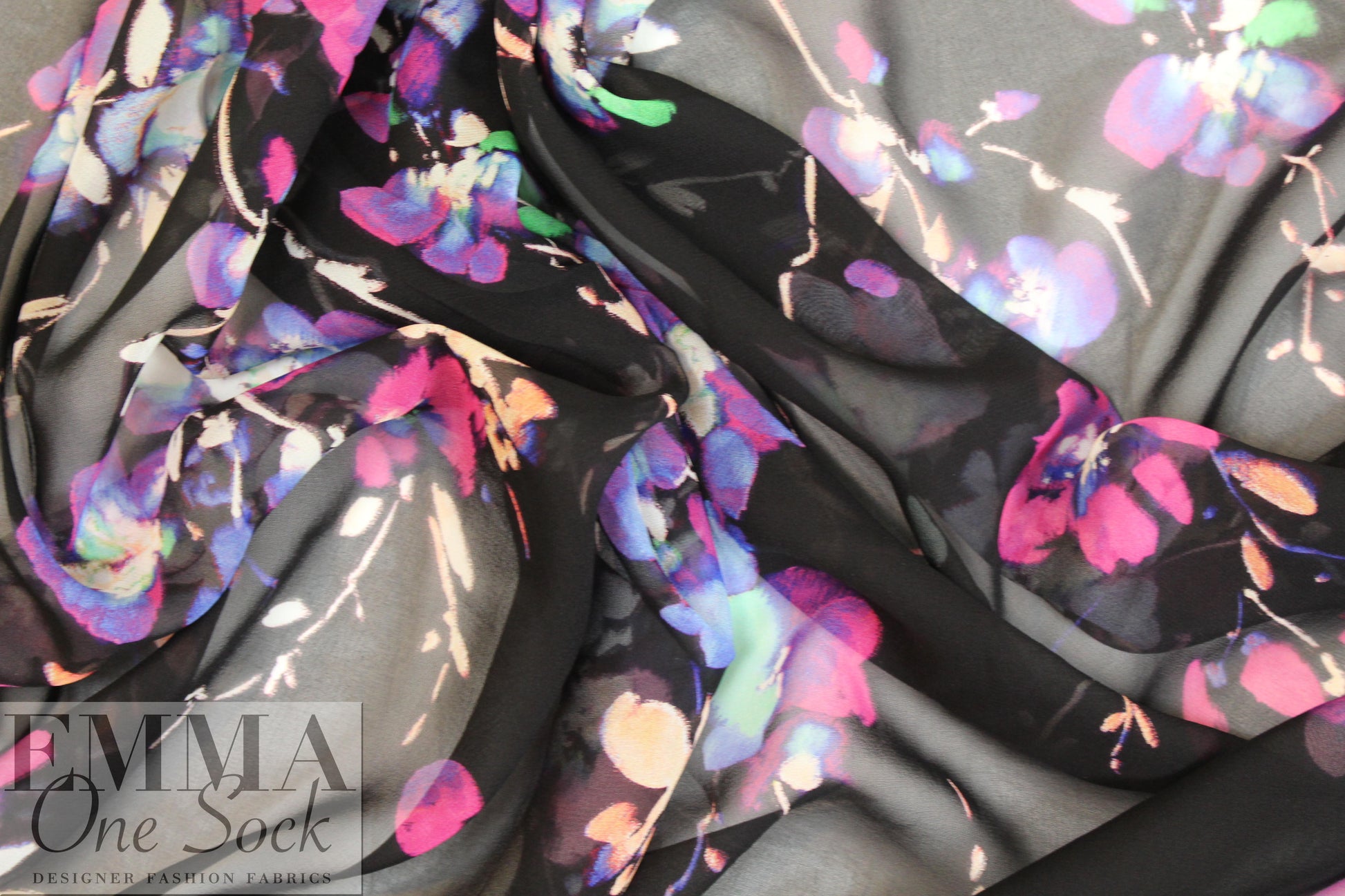 NY designer blossoms on black printed silk chiffon 1 yard