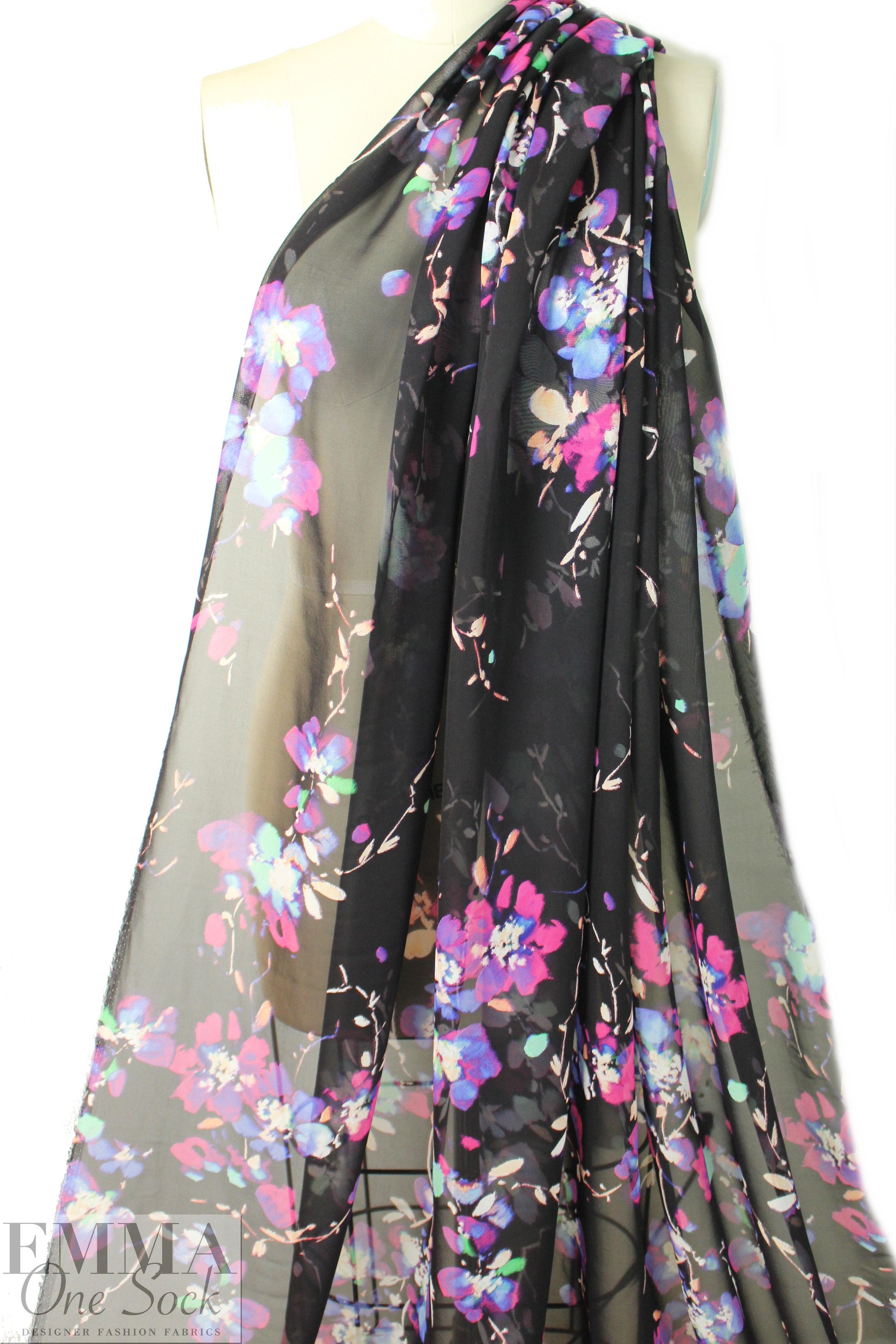 NY designer blossoms on black printed silk chiffon