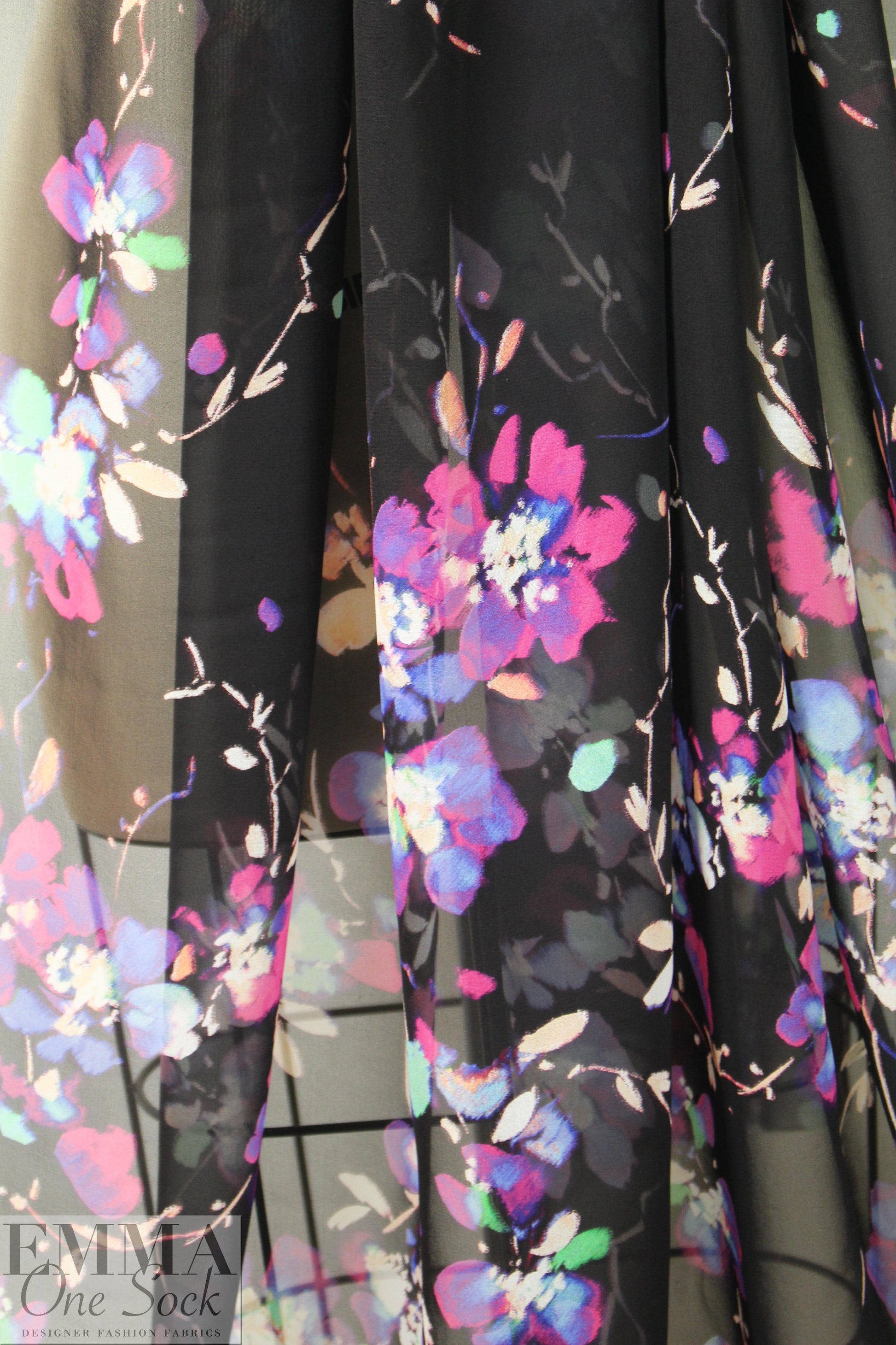 NY designer blossoms on black printed silk chiffon 2 yd