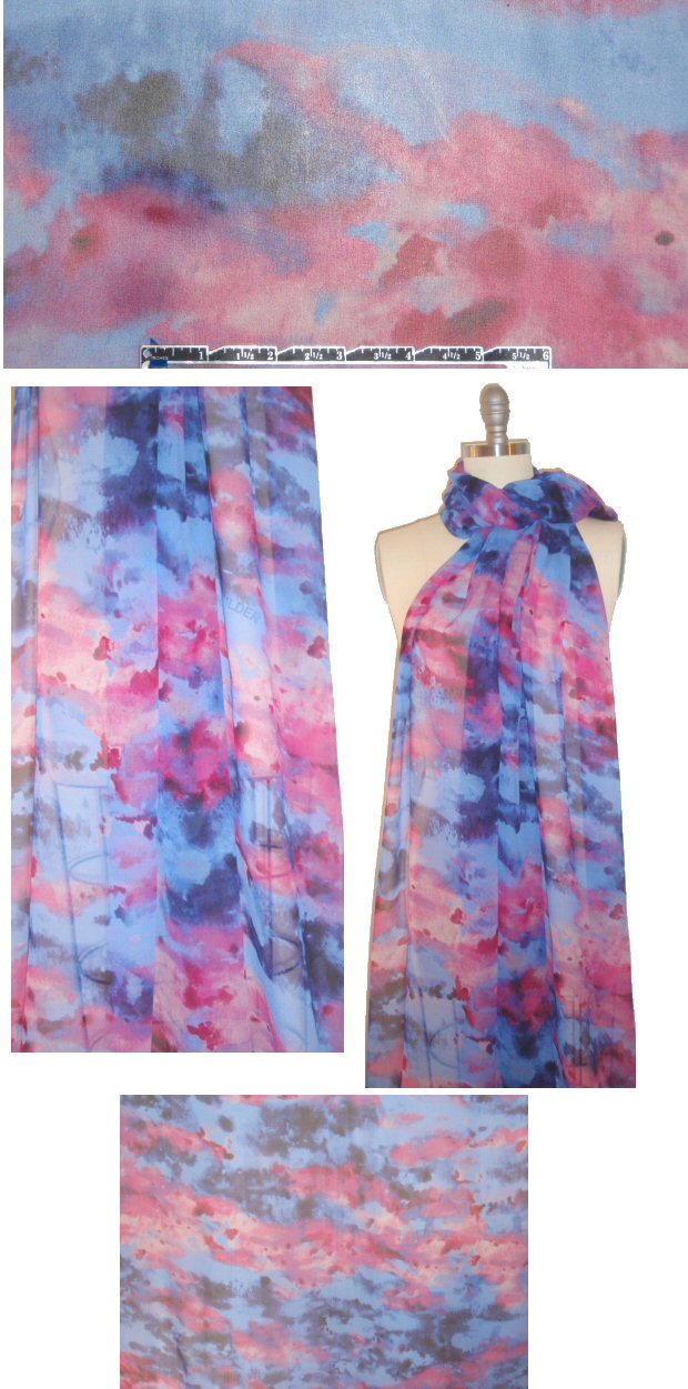NY designer blue/pink abstract print silk chiffon