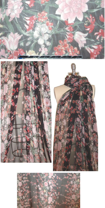 Italian black/garnet/spruce floral crinkle silk chiffon 1.66 yds