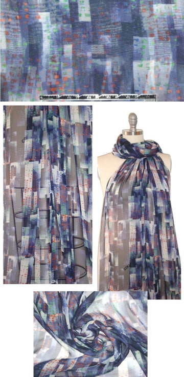 NY designer city scene graphic silk chiffon