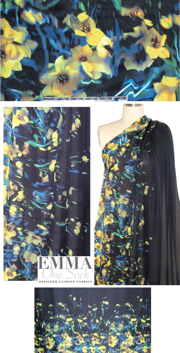 NY designer yellow floral border print silk chiffon