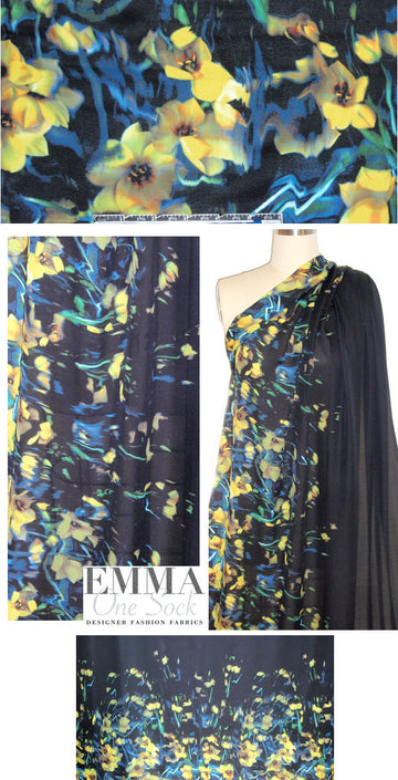 NY designer yellow floral border print silk chiffon