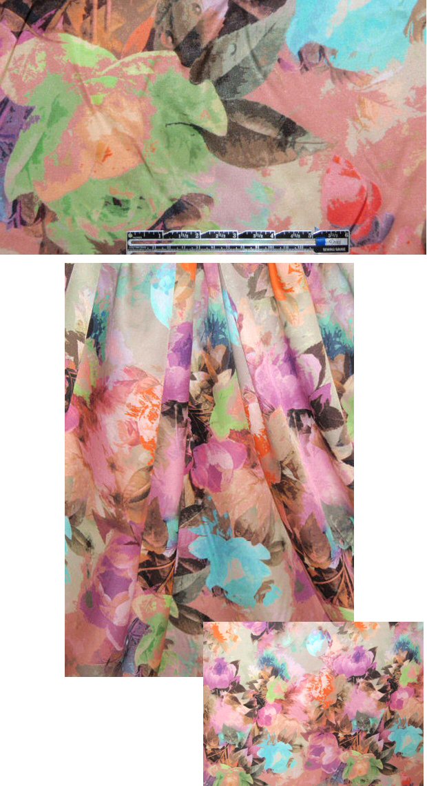 French pink/aqua floral digital cotton/silk woven 1.375 yd