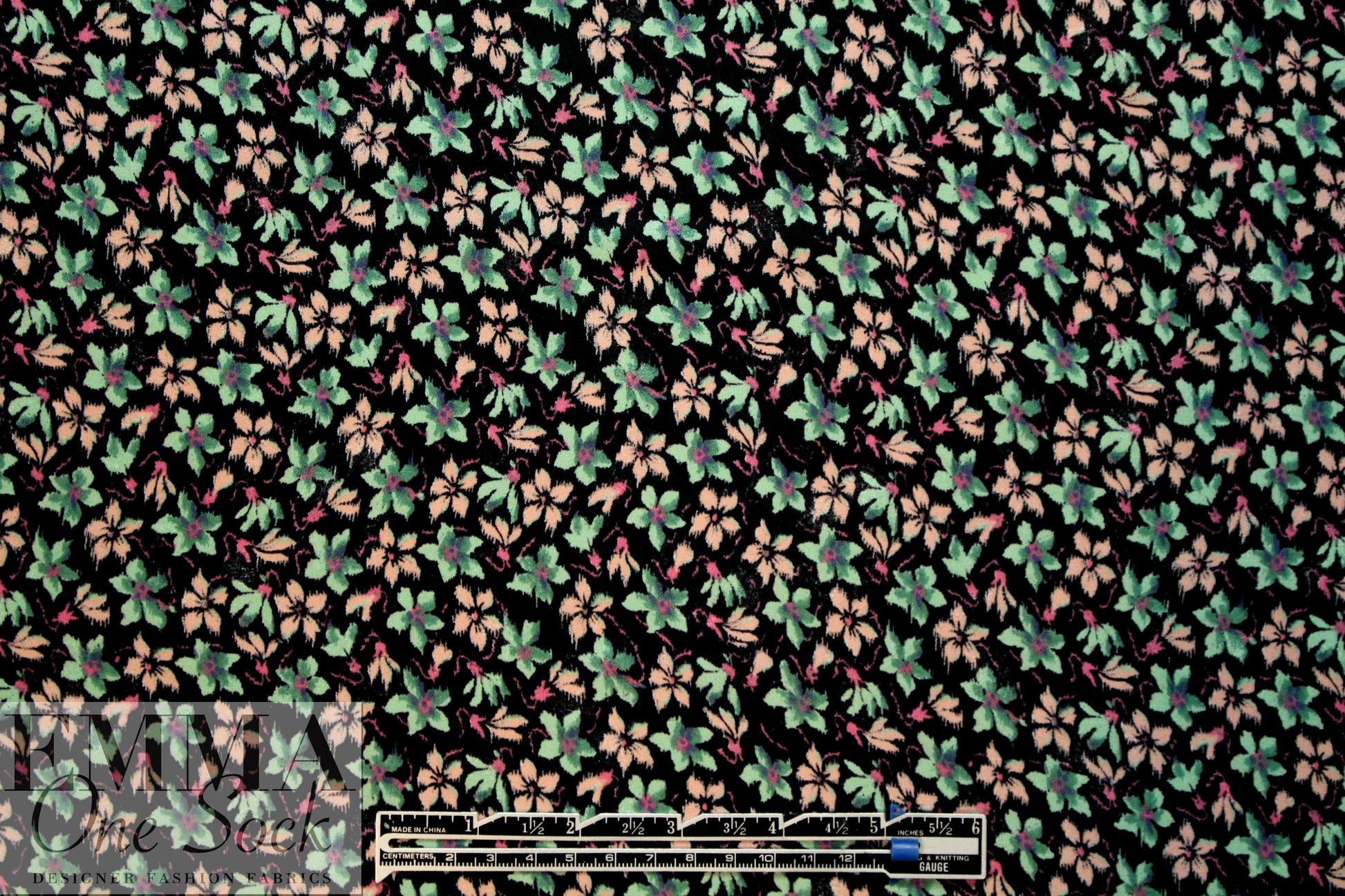 Italian silk crepe de chine - peach/mint little floral