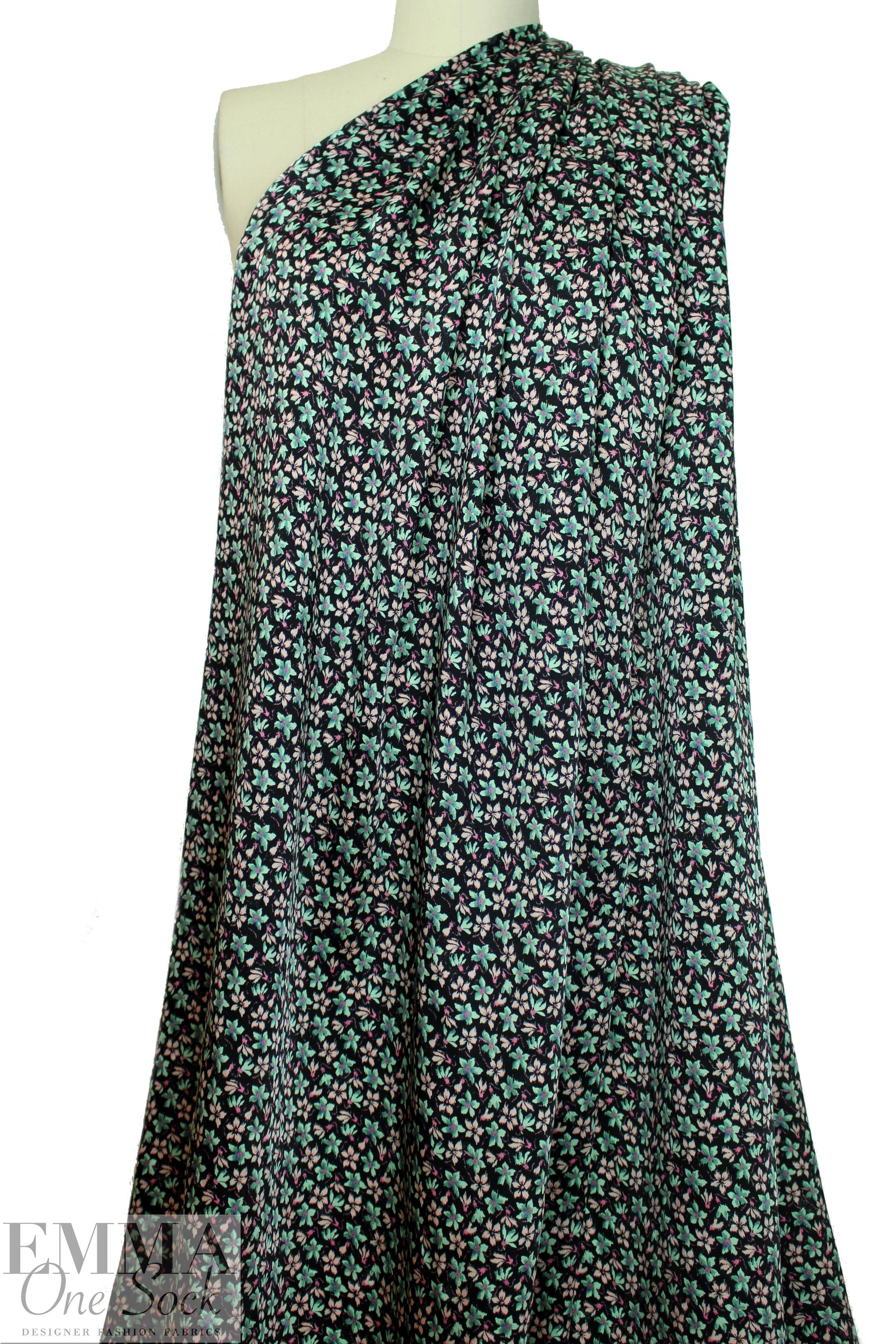 Italian silk crepe de chine - peach/mint little floral