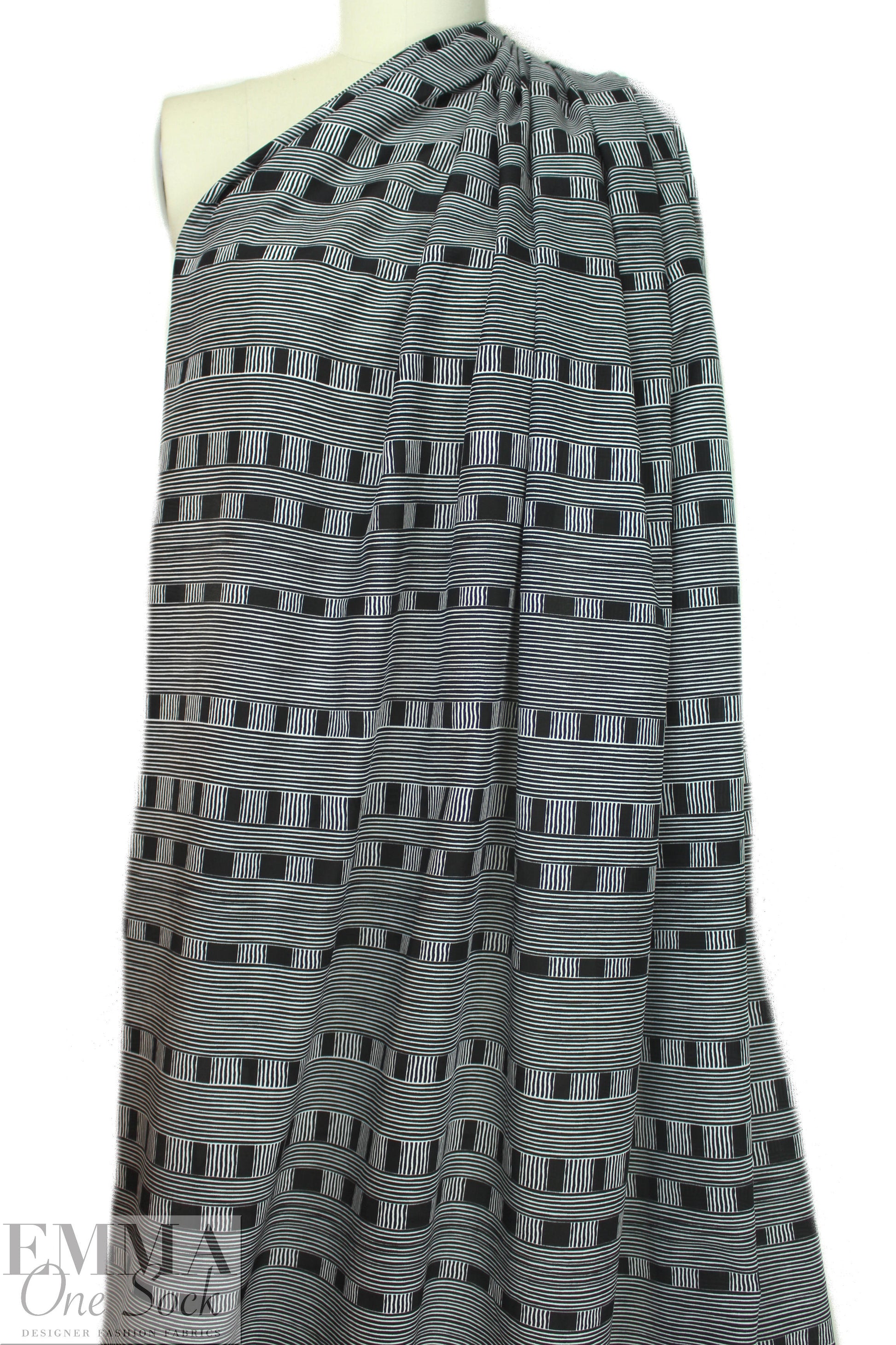NY designer black/white linear graphic silk/cotton voile