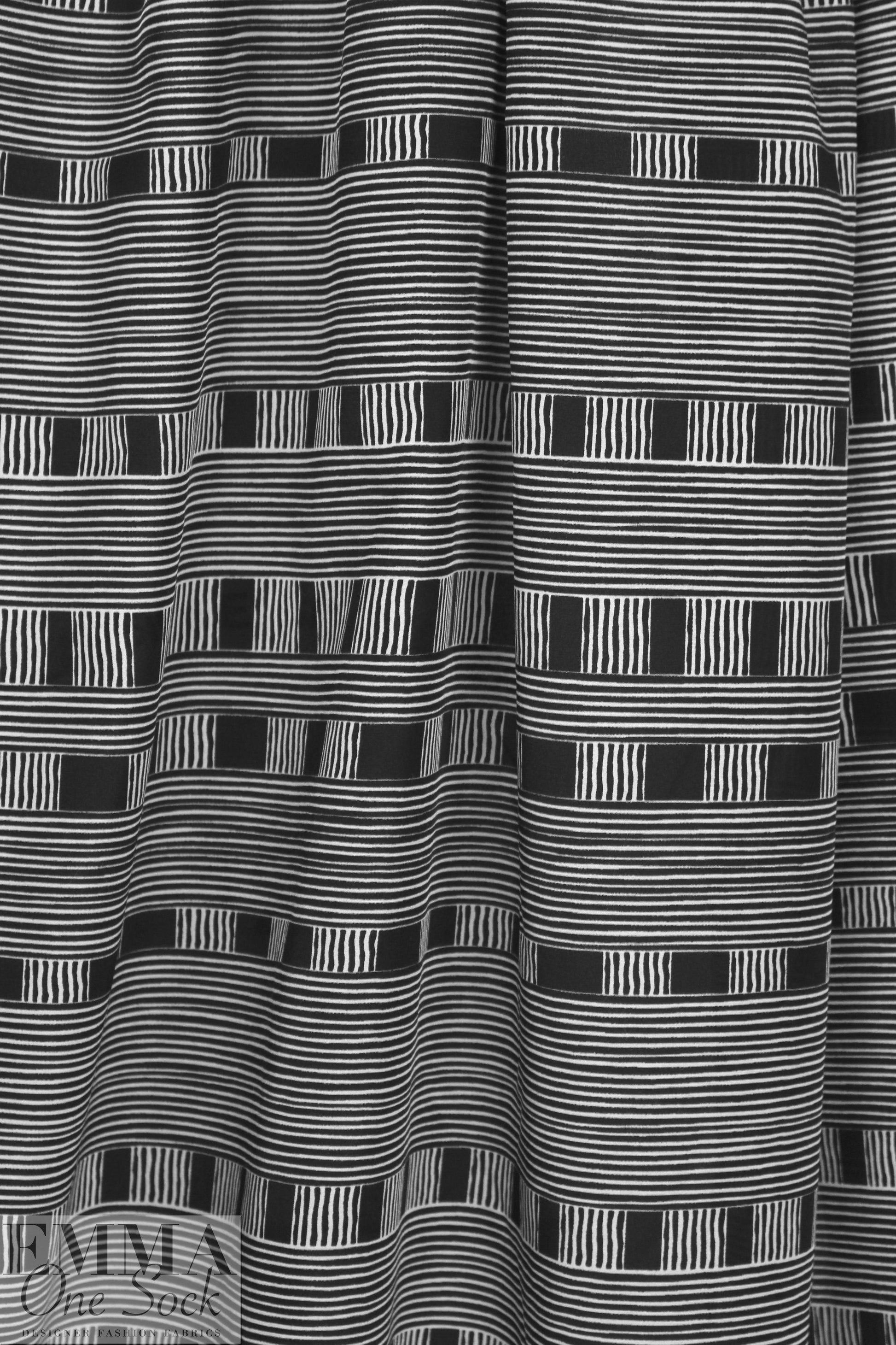 NY designer black/white linear graphic silk/cotton voile