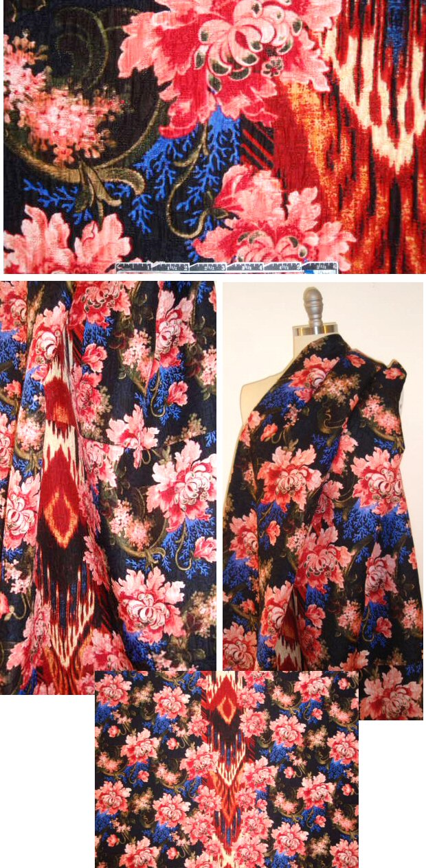 Italian wool/silk ikat floral printed damask panel