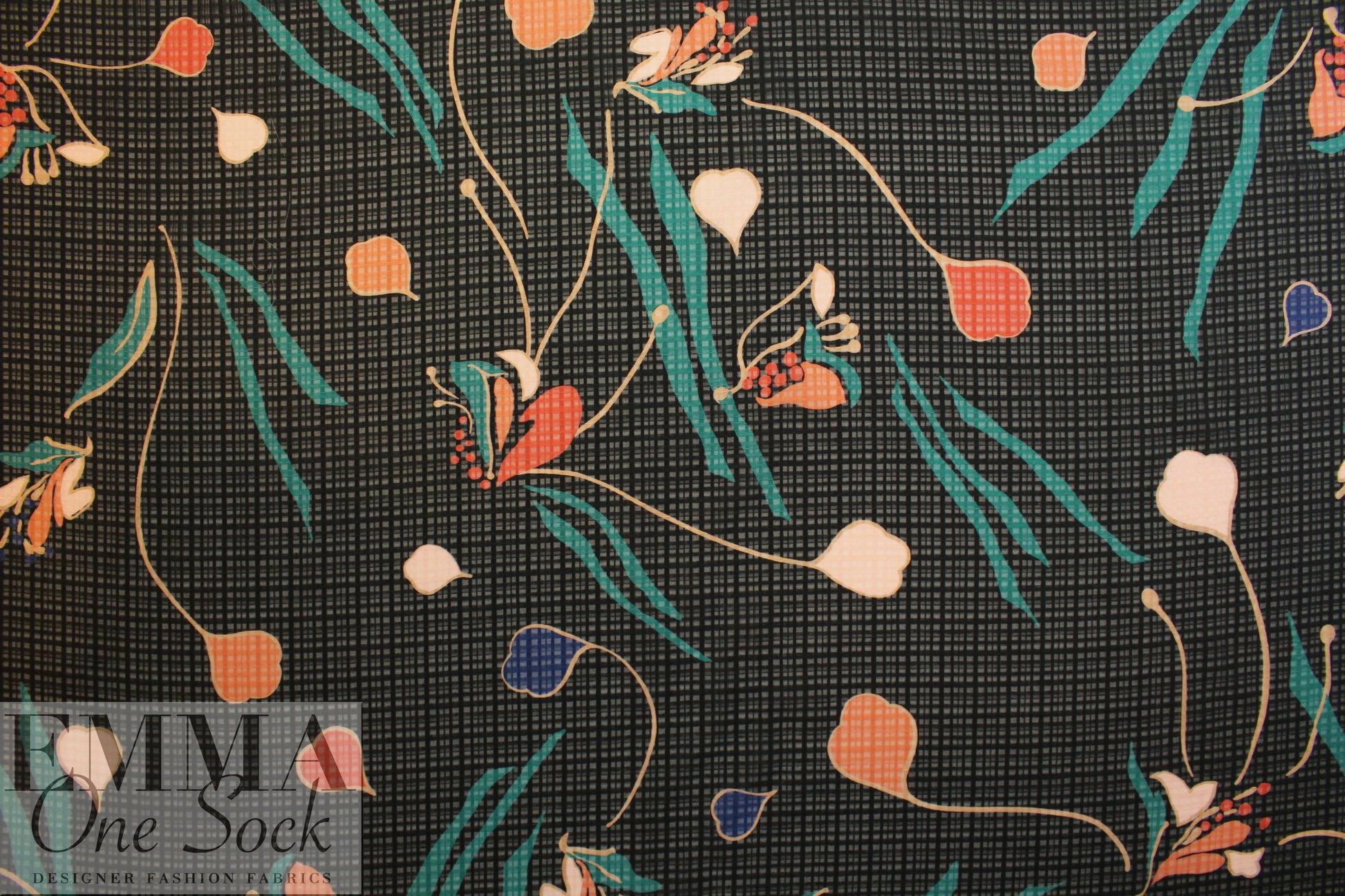 NY designer windowpane silk weave - stylized flowers