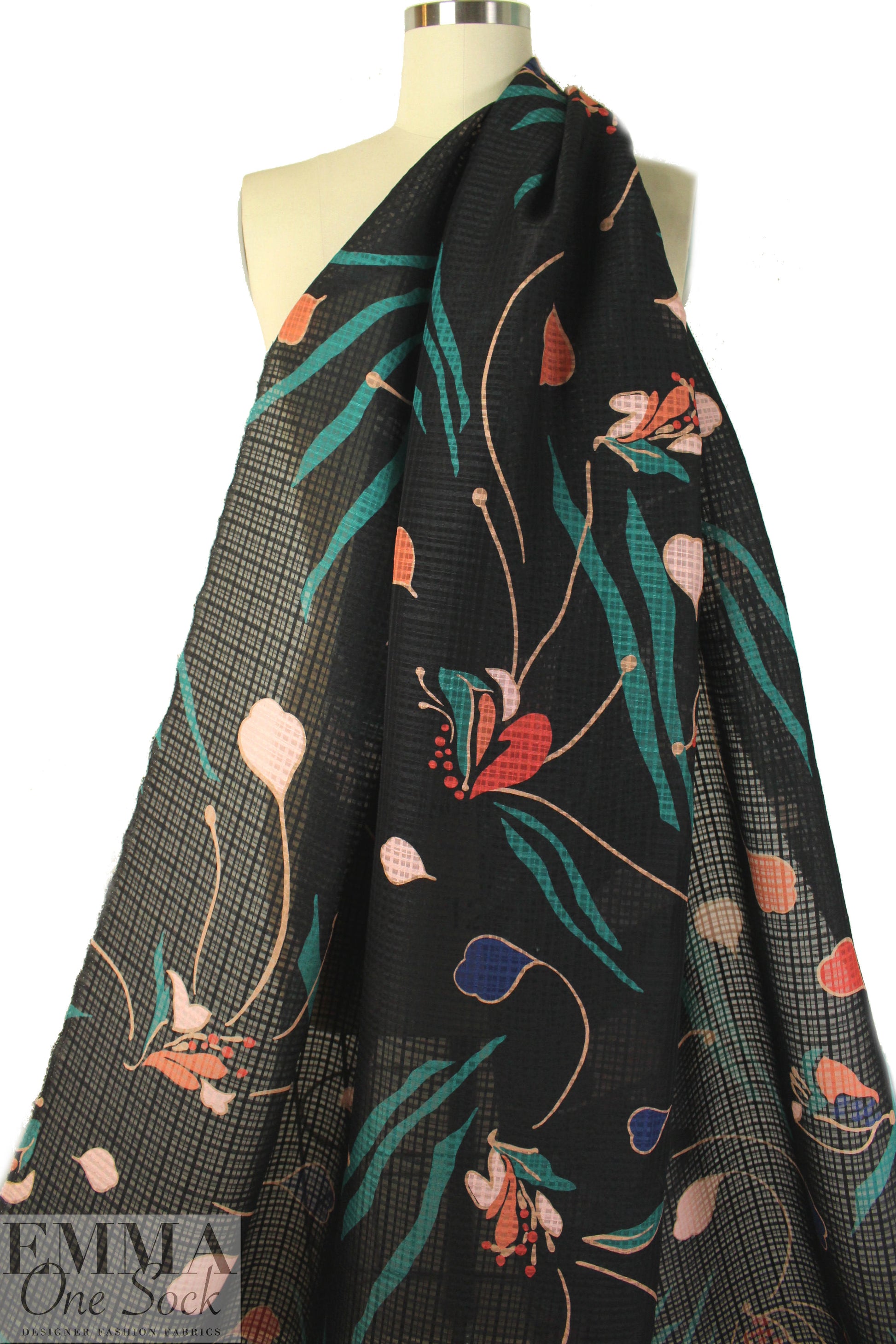 NY designer windowpane silk weave - stylized flowers