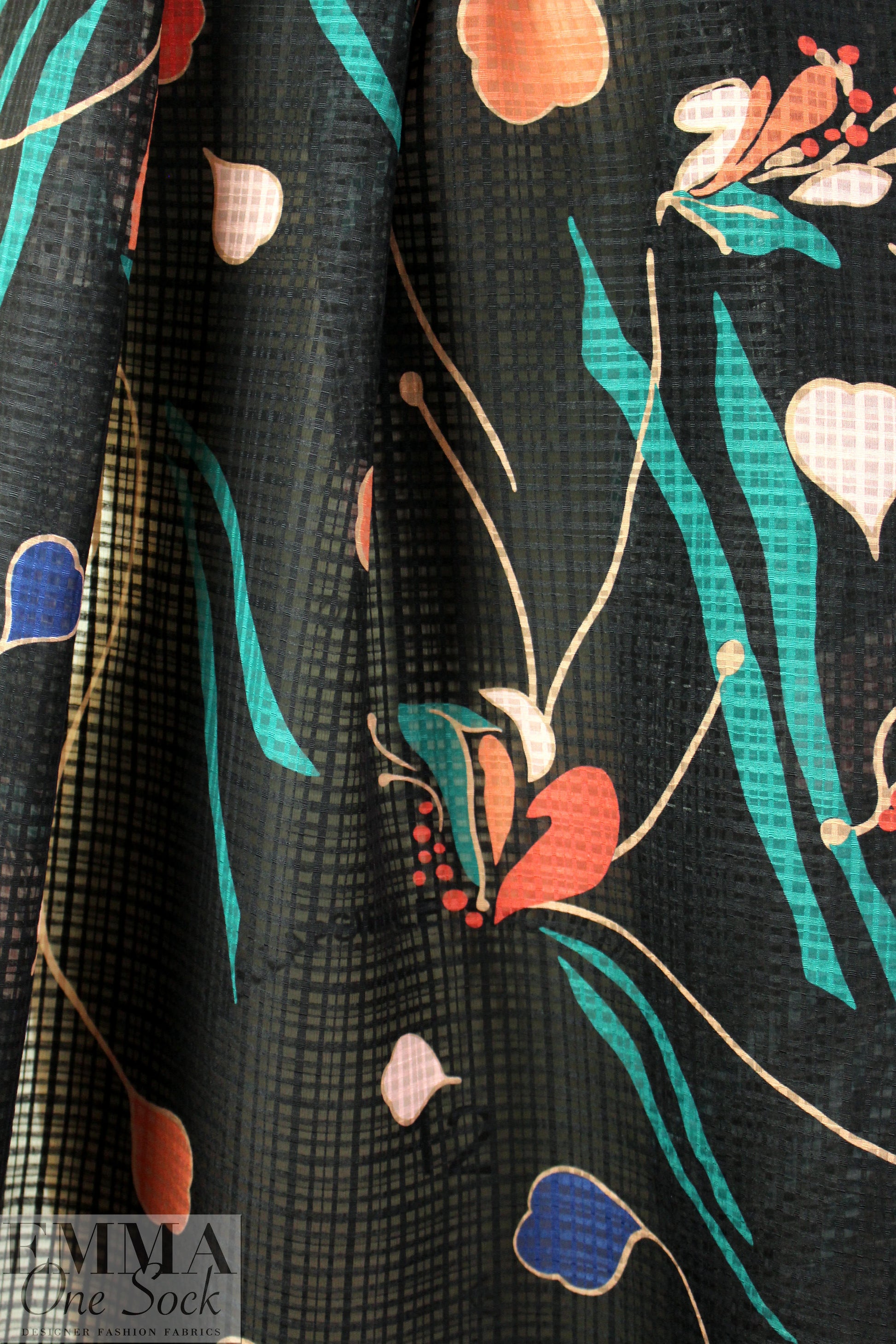 NY designer windowpane silk weave - stylized flowers 1.75 yd