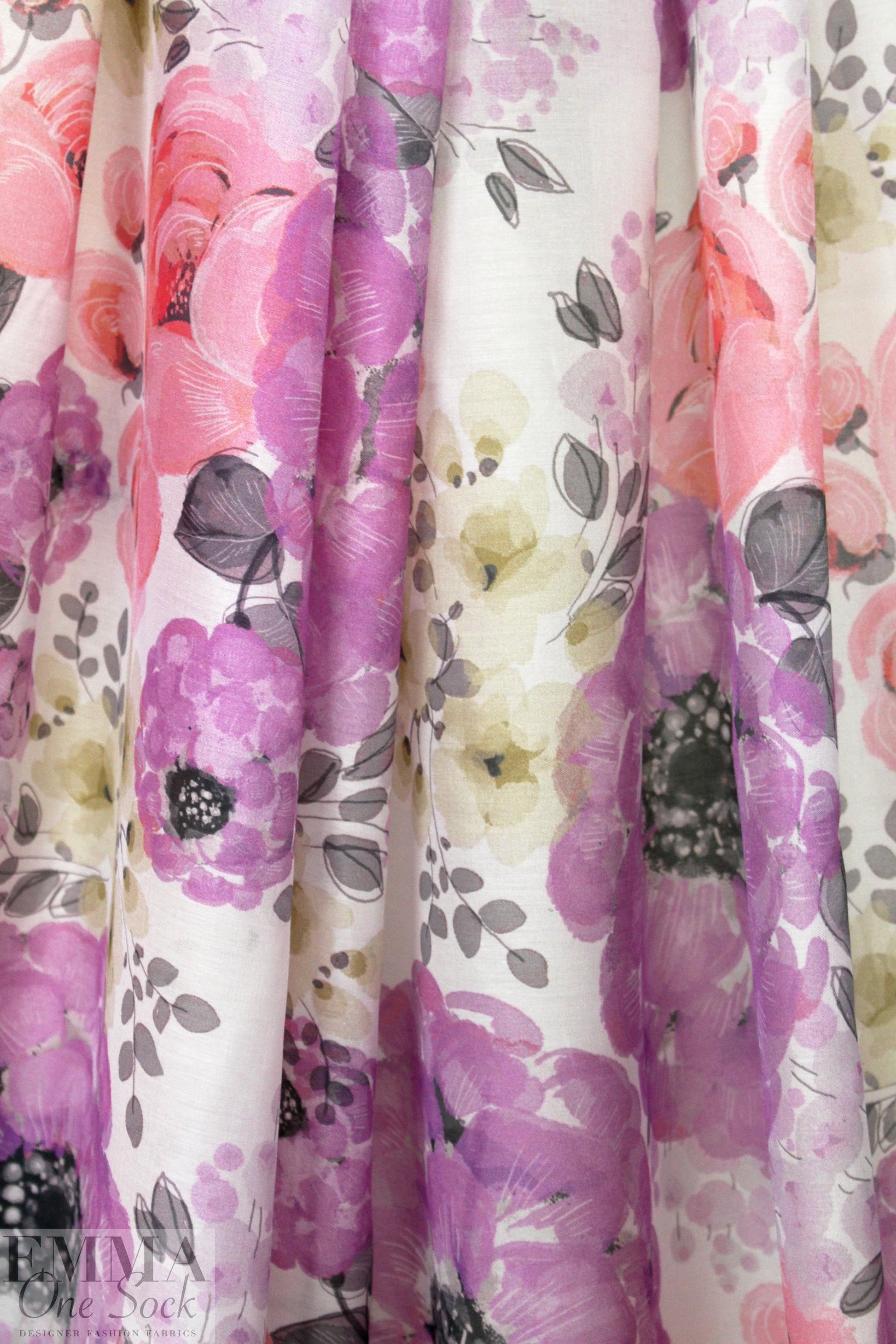 Italian coral/lavender painterly floral silk/cotton voile
