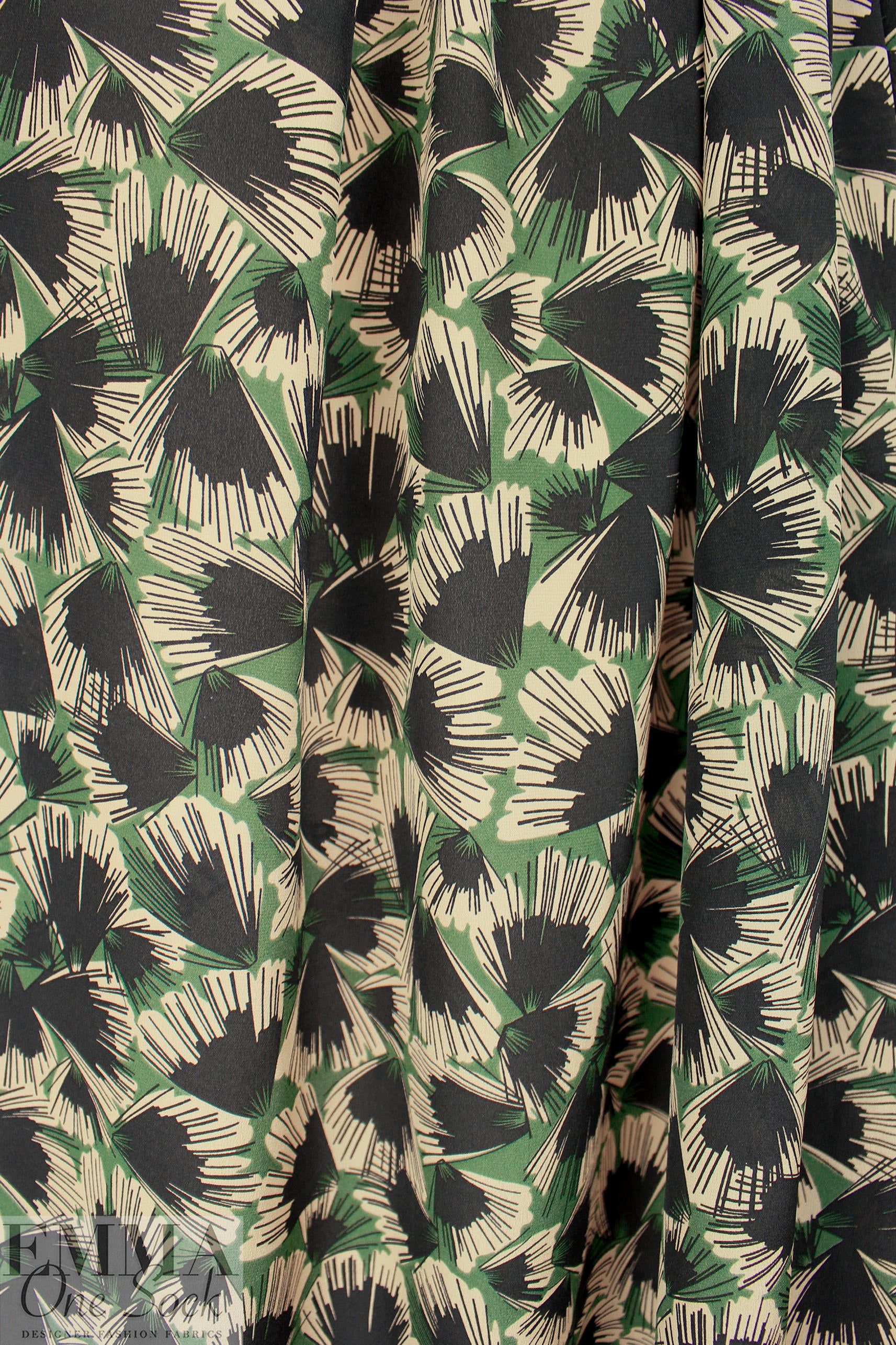 Italian designer stylized botanical pen and ink silk crepe 1.25 yds
