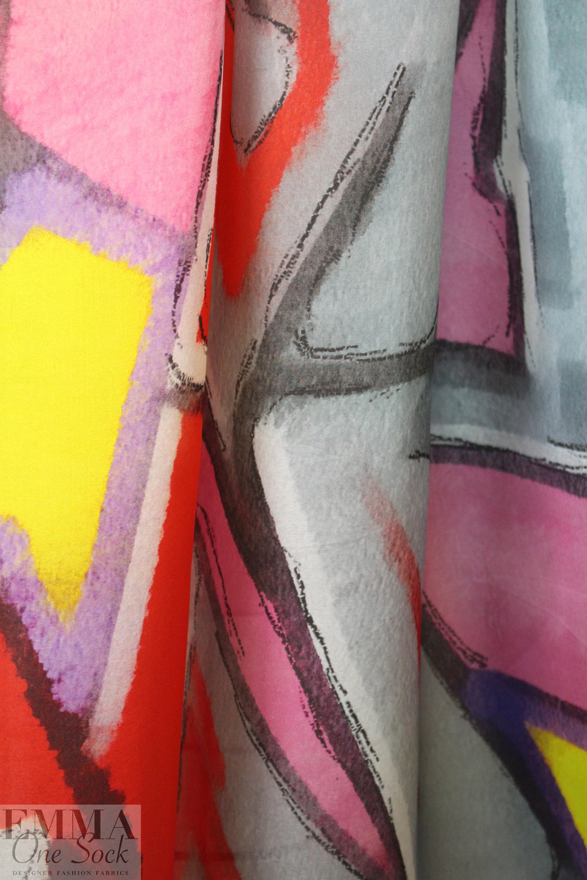 famous designer graffiti border silk satin face organza 1.375 yds