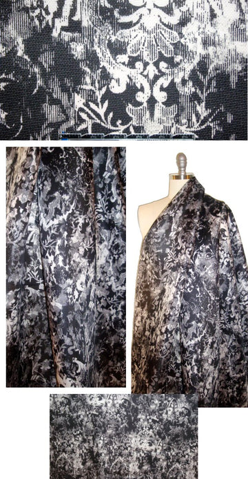 Italian all silk gazar - black/white scroll abstract 1.5 yd