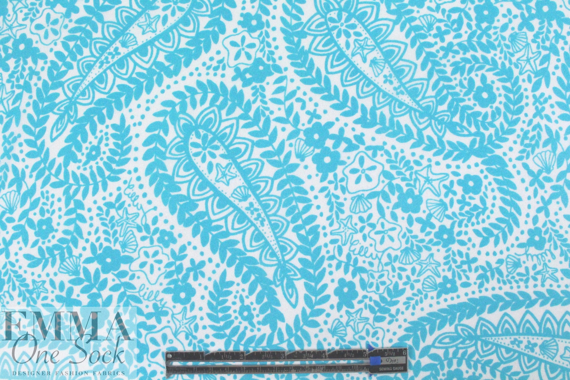 NY designer sky/white paisley floral silk georgette