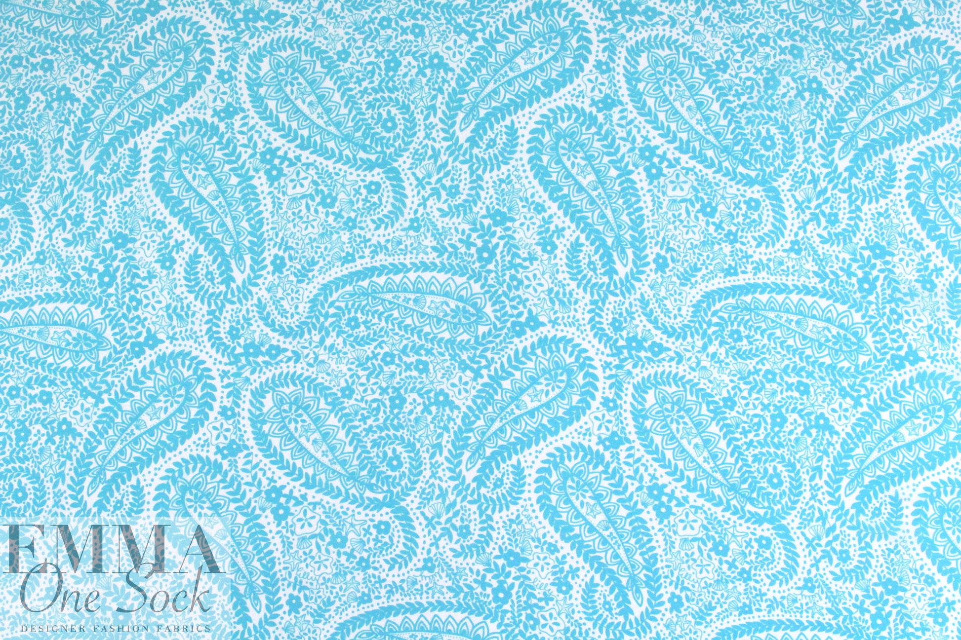 NY designer sky/white paisley floral silk georgette