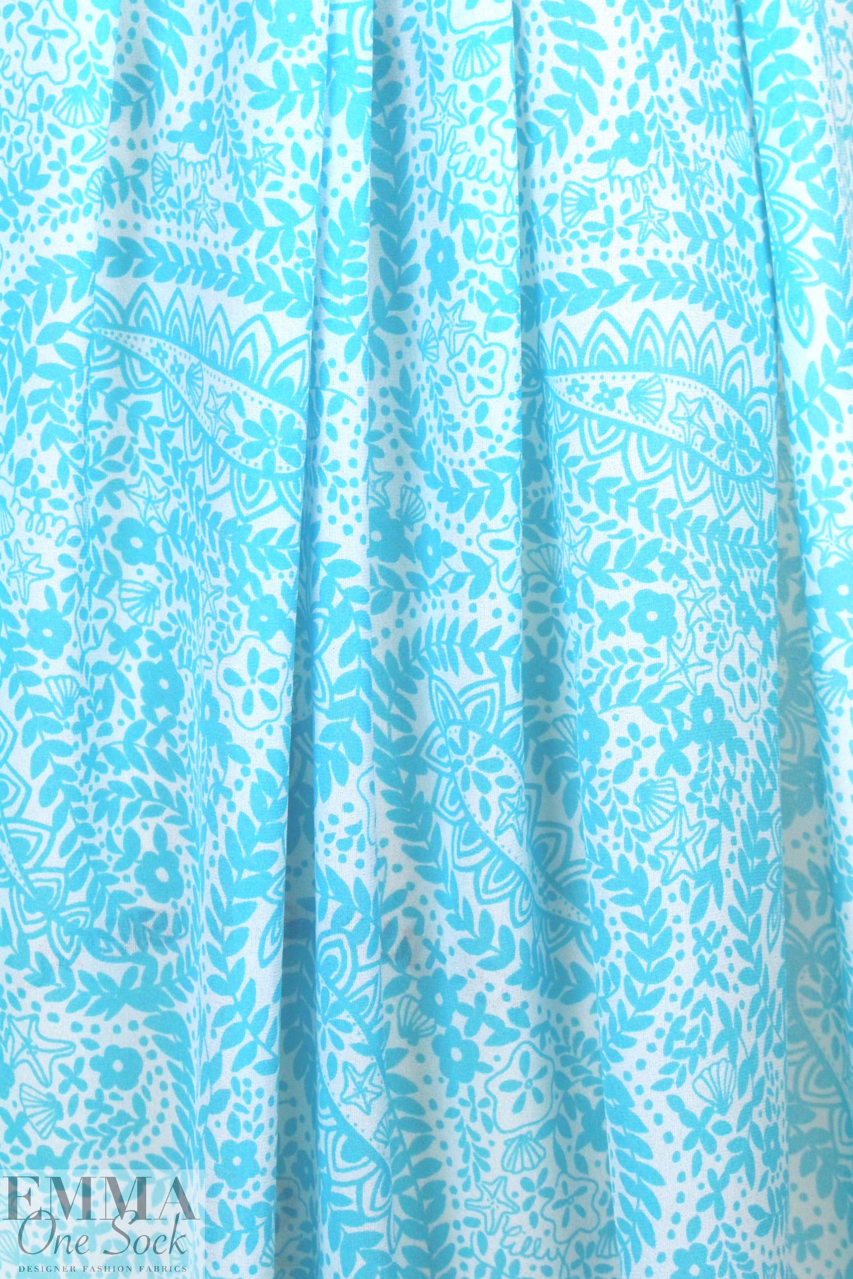 NY designer sky/white paisley floral silk georgette