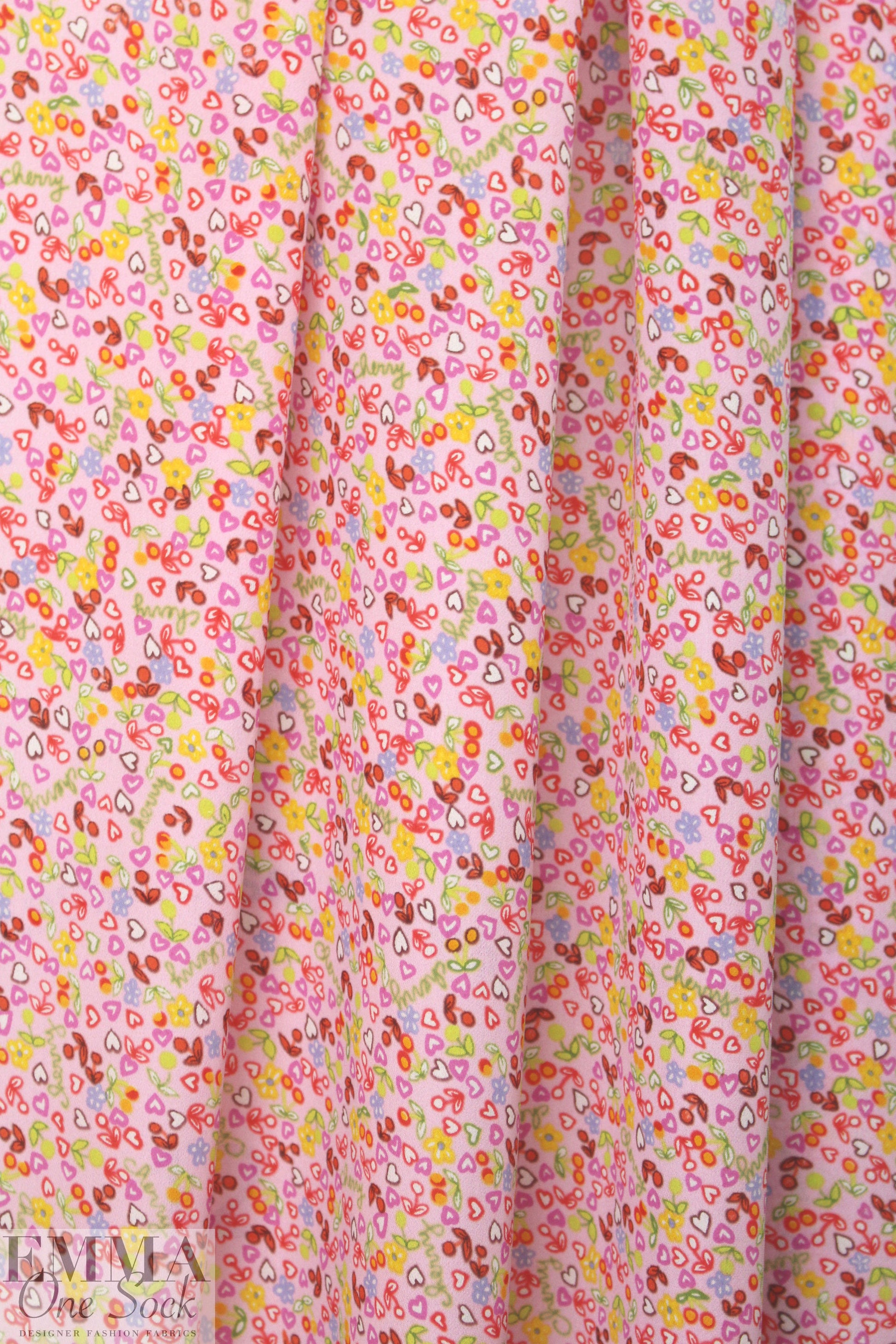 NY designer cherry, heart and flower silk georgette 1.875 yds