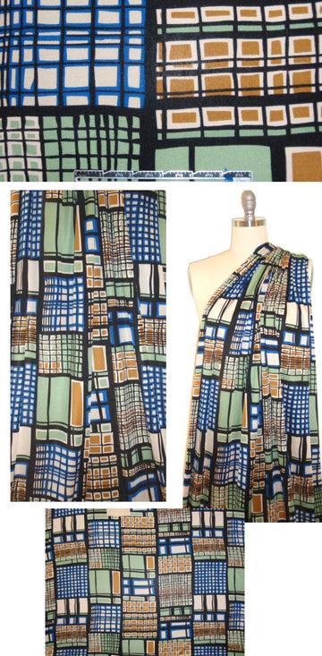 NY designer grid-patch silk jersey - sage/tan