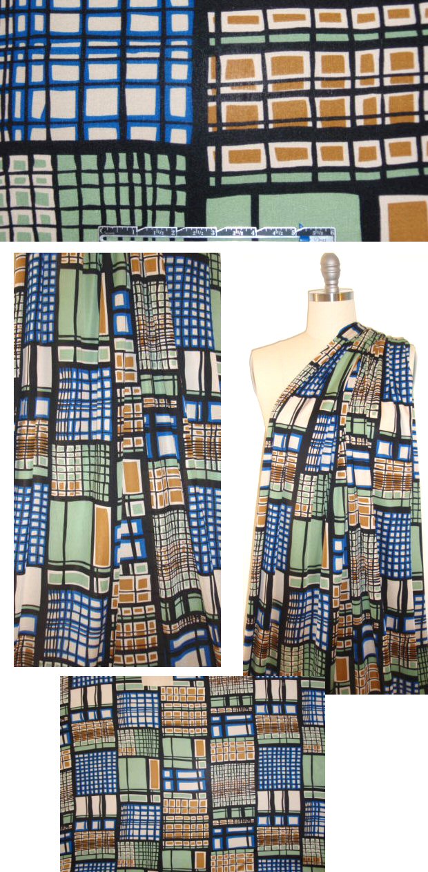 NY designer grid-patch silk jersey - sage/tan 1.9 yd